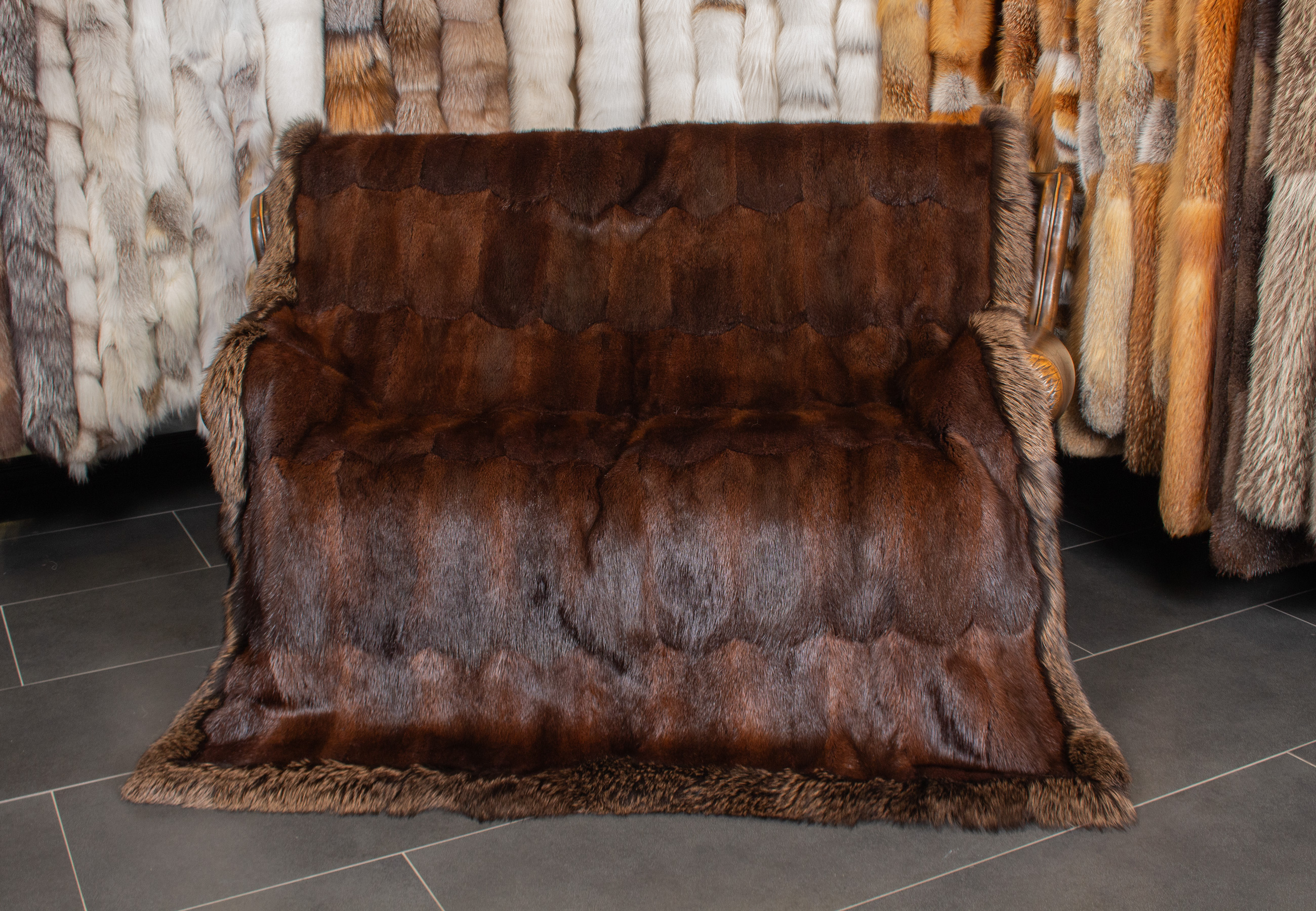 Noble Muskrat Fur Blanket with Fox Fur Border in Brown