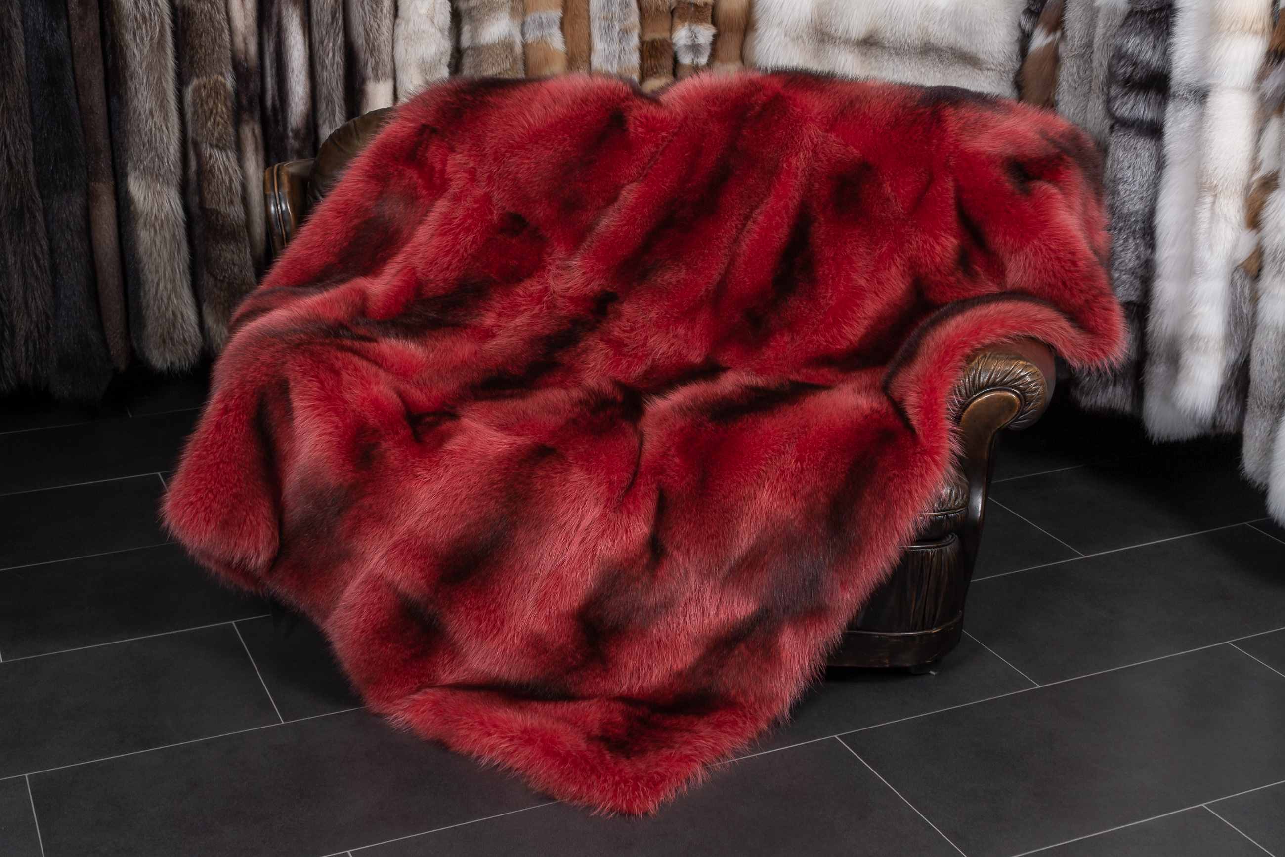 Raccoon Fur Blanket in Red from Canadian Raccoons