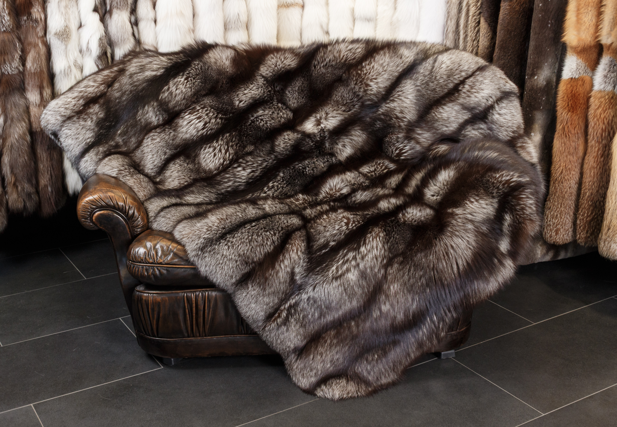 Elegant Silver Fox Fur Blanket in Mocha Grey