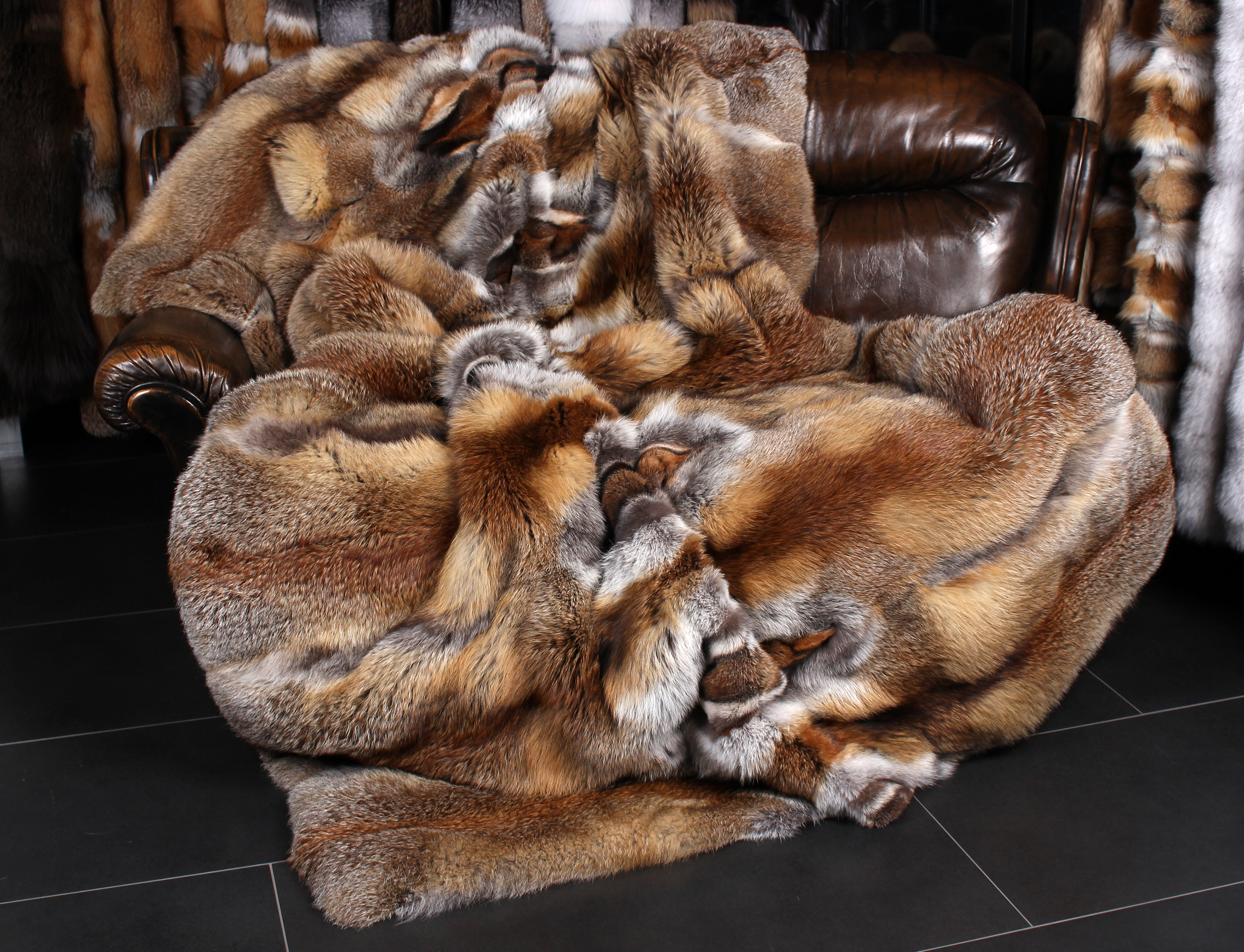 German Red Fox Fur Blanket in natural dark