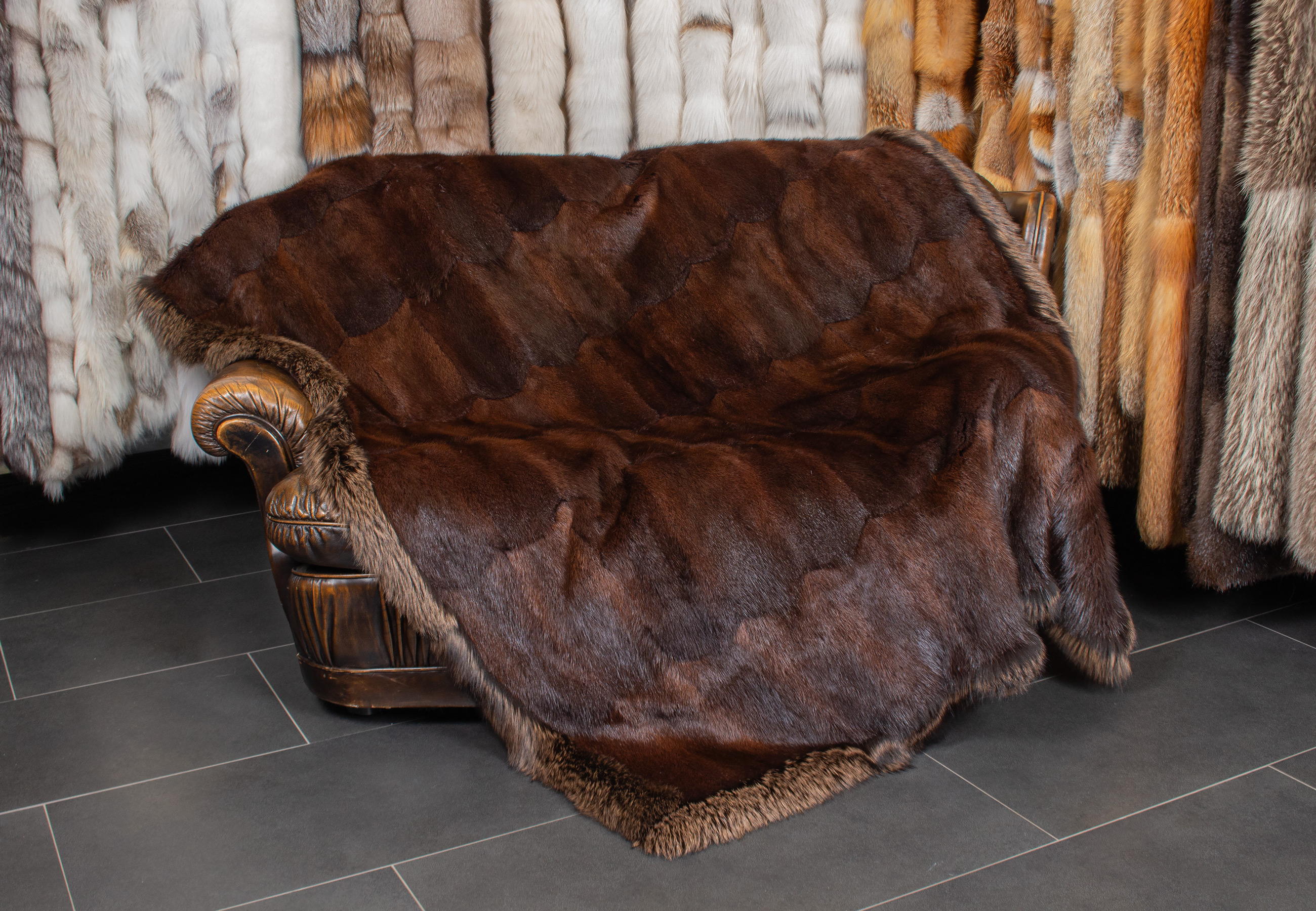 Noble Muskrat Fur Blanket with Fox Fur Border in Brown