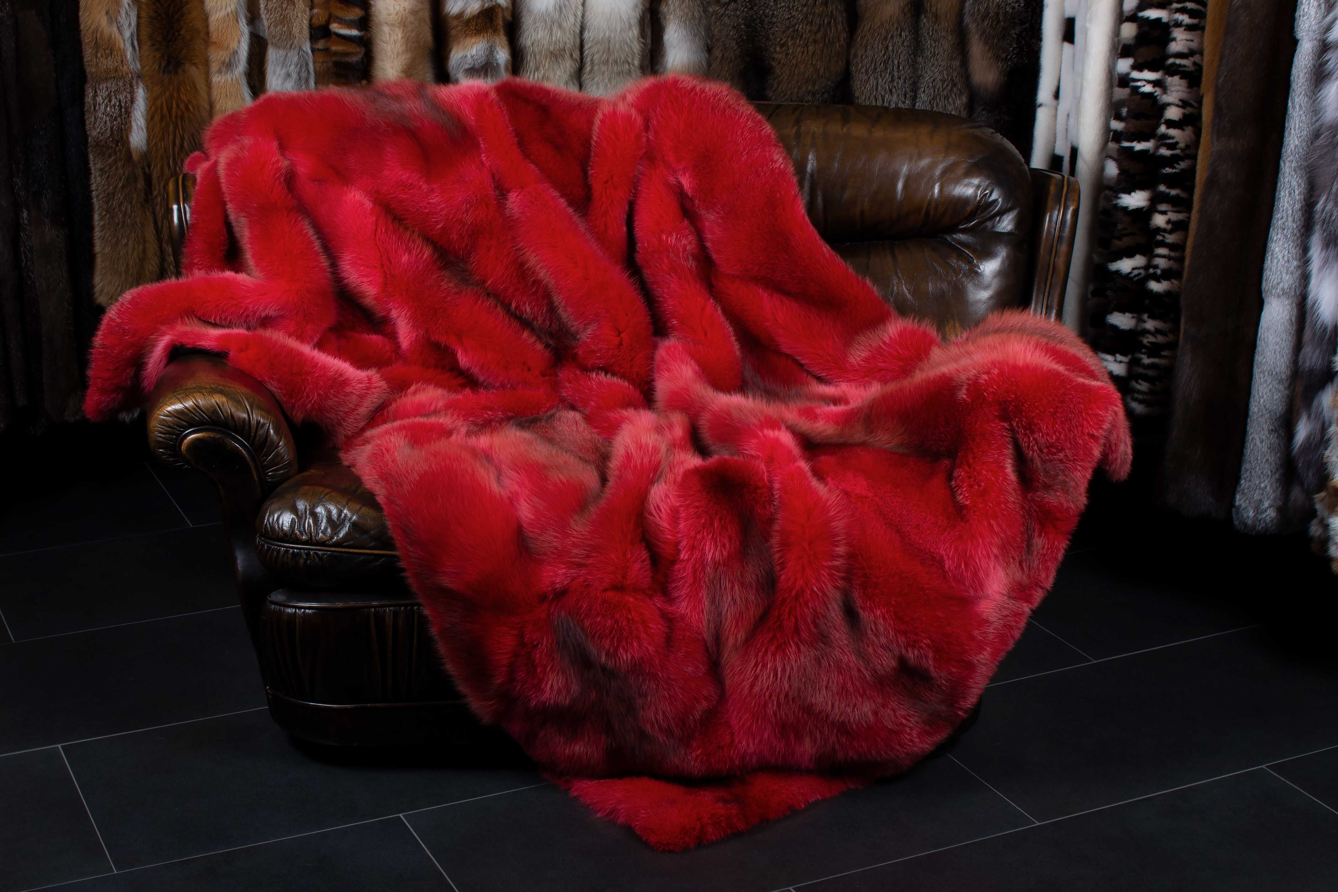 Red Fox Fur Blanket in Red