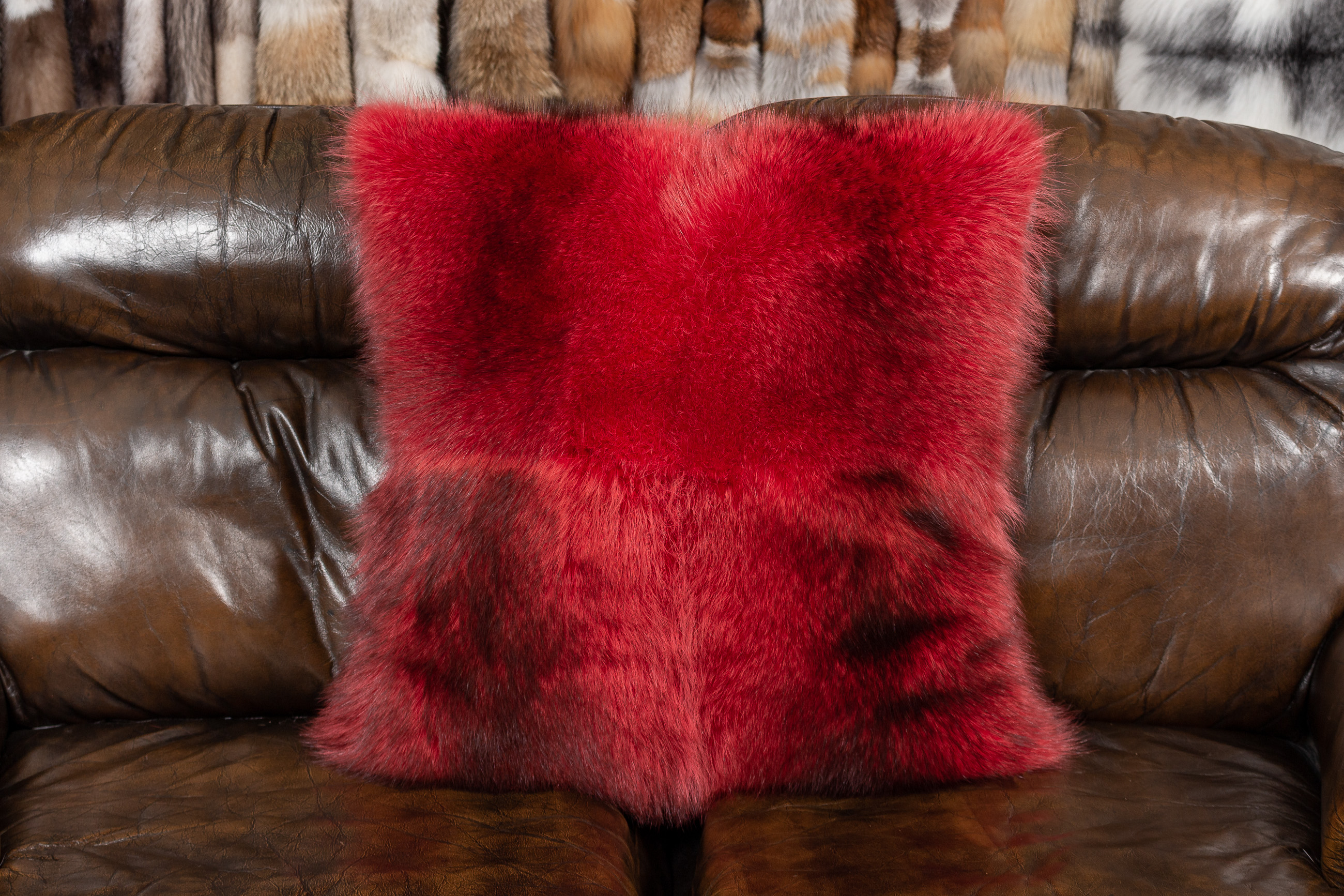 Canadian Raccoon Fur Cushion in Red