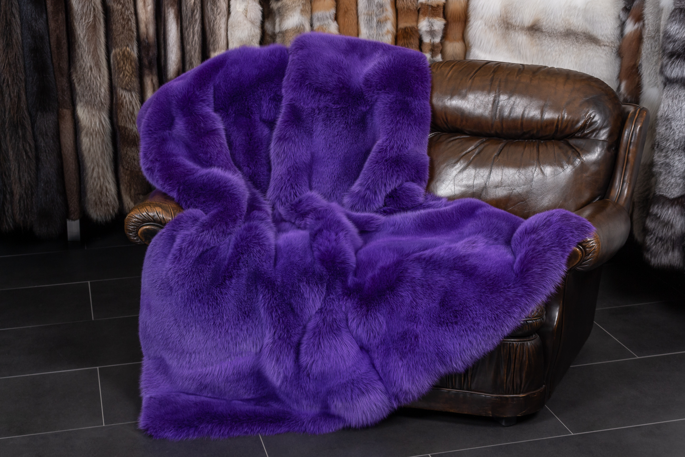 Real Fur Blue Fox Blanket in Purple