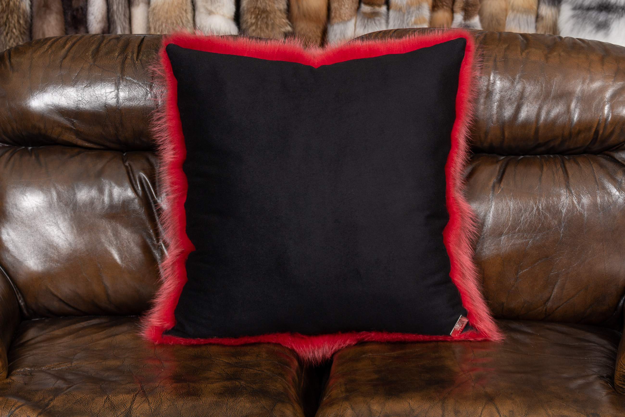 Canadian Raccoon Fur Cushion in Red