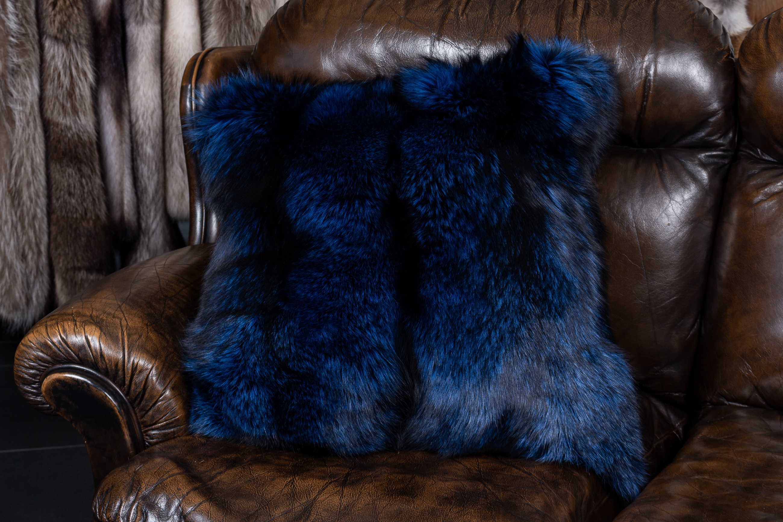 Real Fur Silver Fox Pillow in royal blue