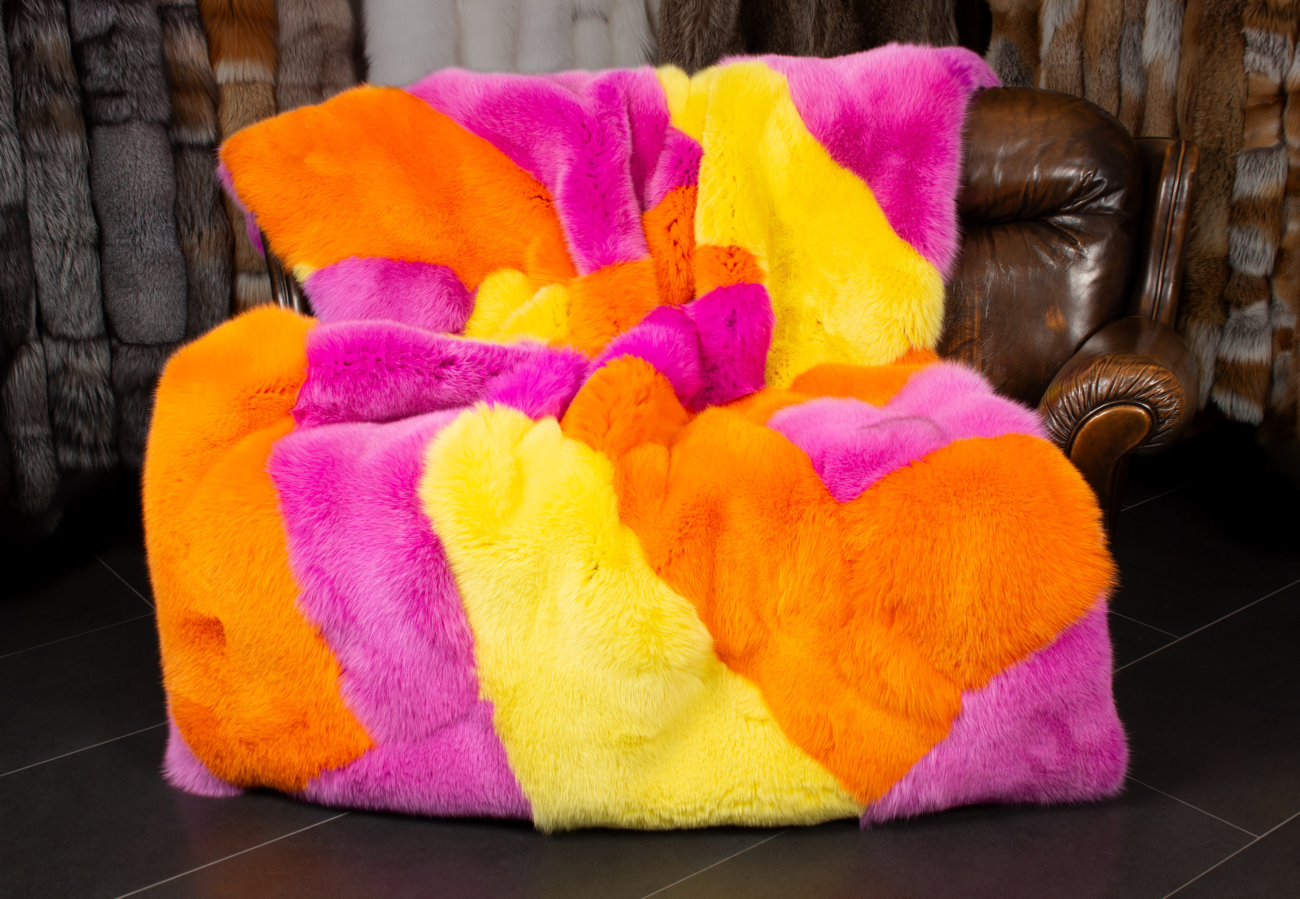 Blue Fox Patchwork Fur Blanket in Multicolor