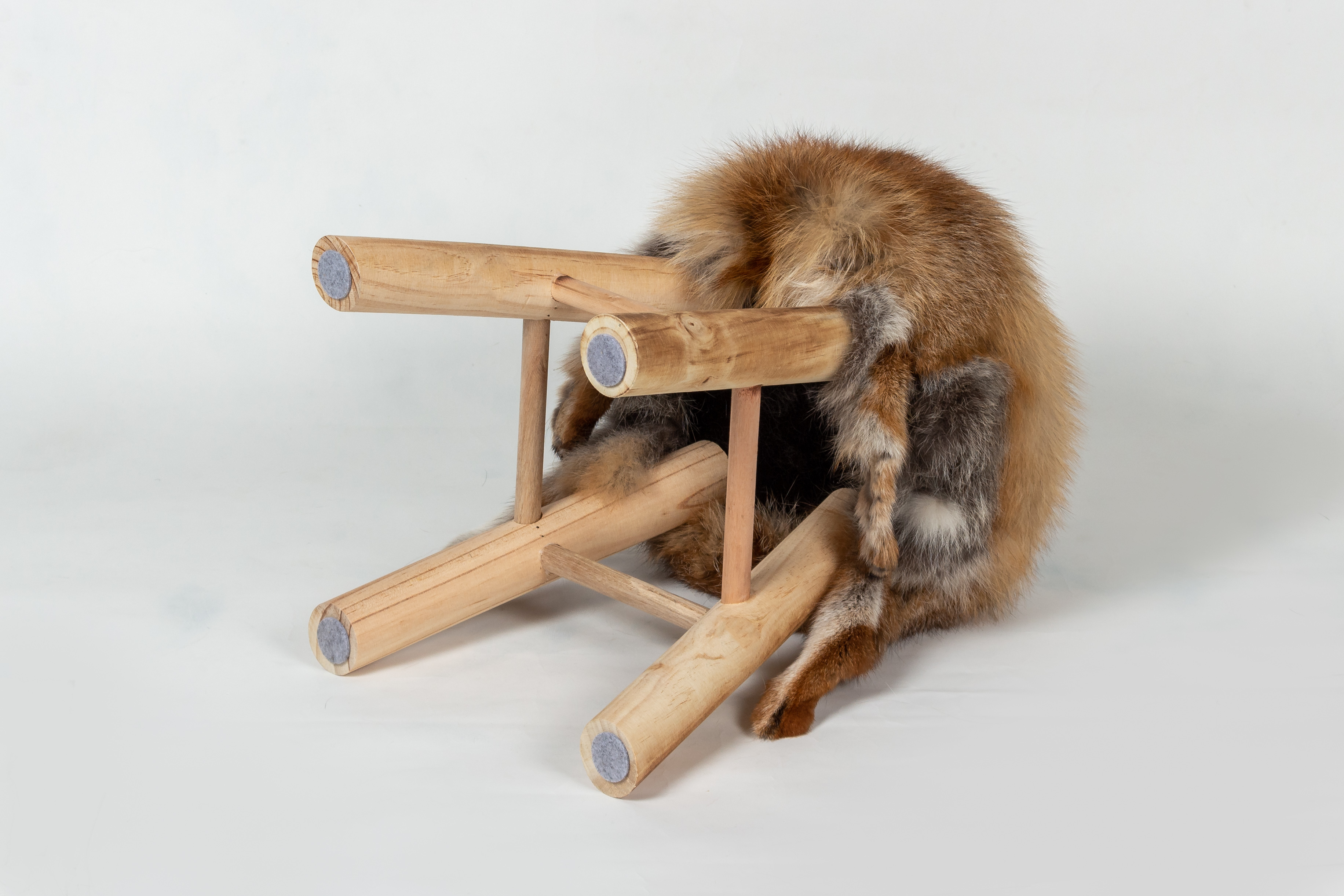 Rustic Wood Stool with European Red Fox Fur
