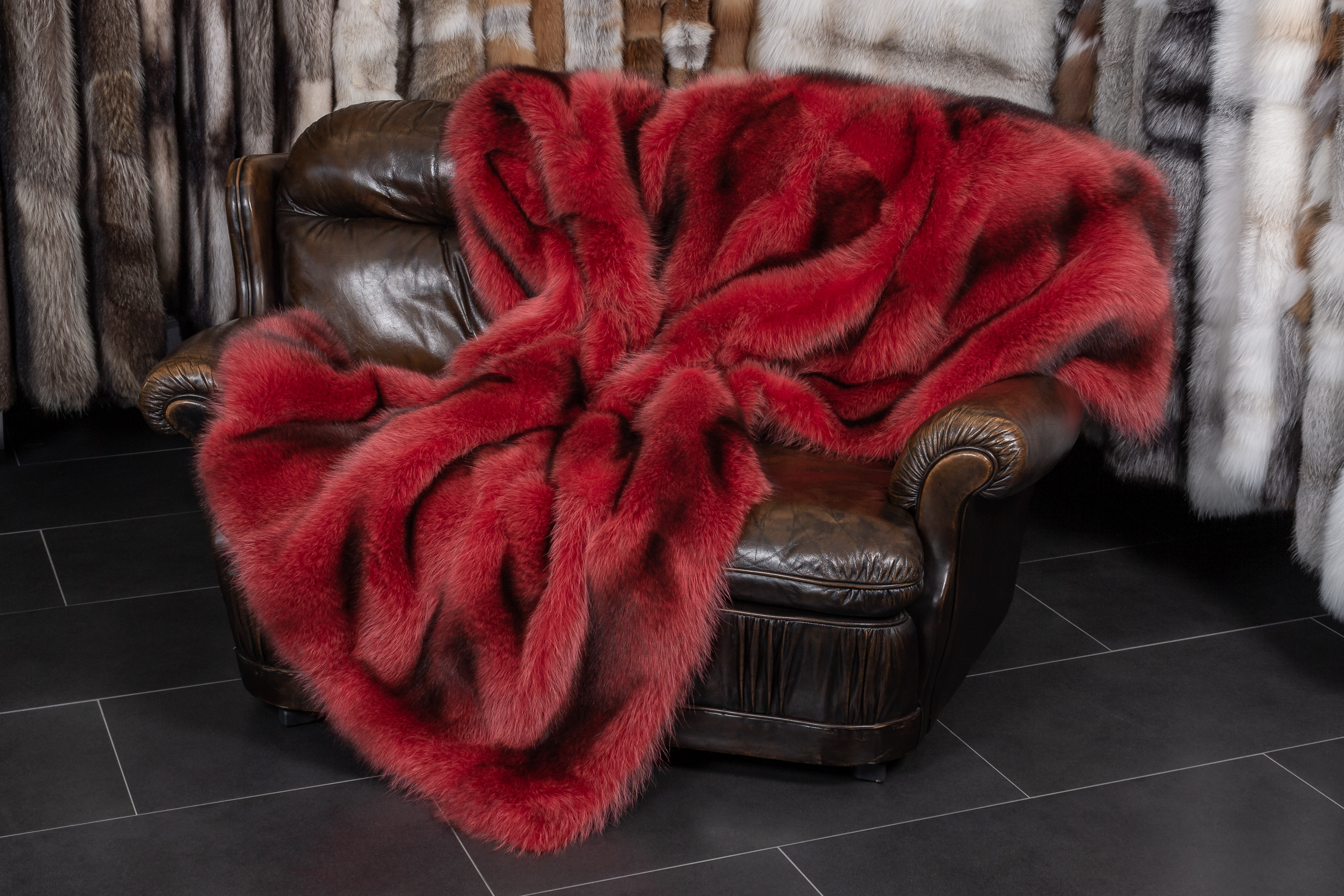 2-5545-Waschbaer-Felldecke-Rot-aus-Kanadischen-Waschbaeren Raccoon Fur Blanket in Red from Canadian Raccoons