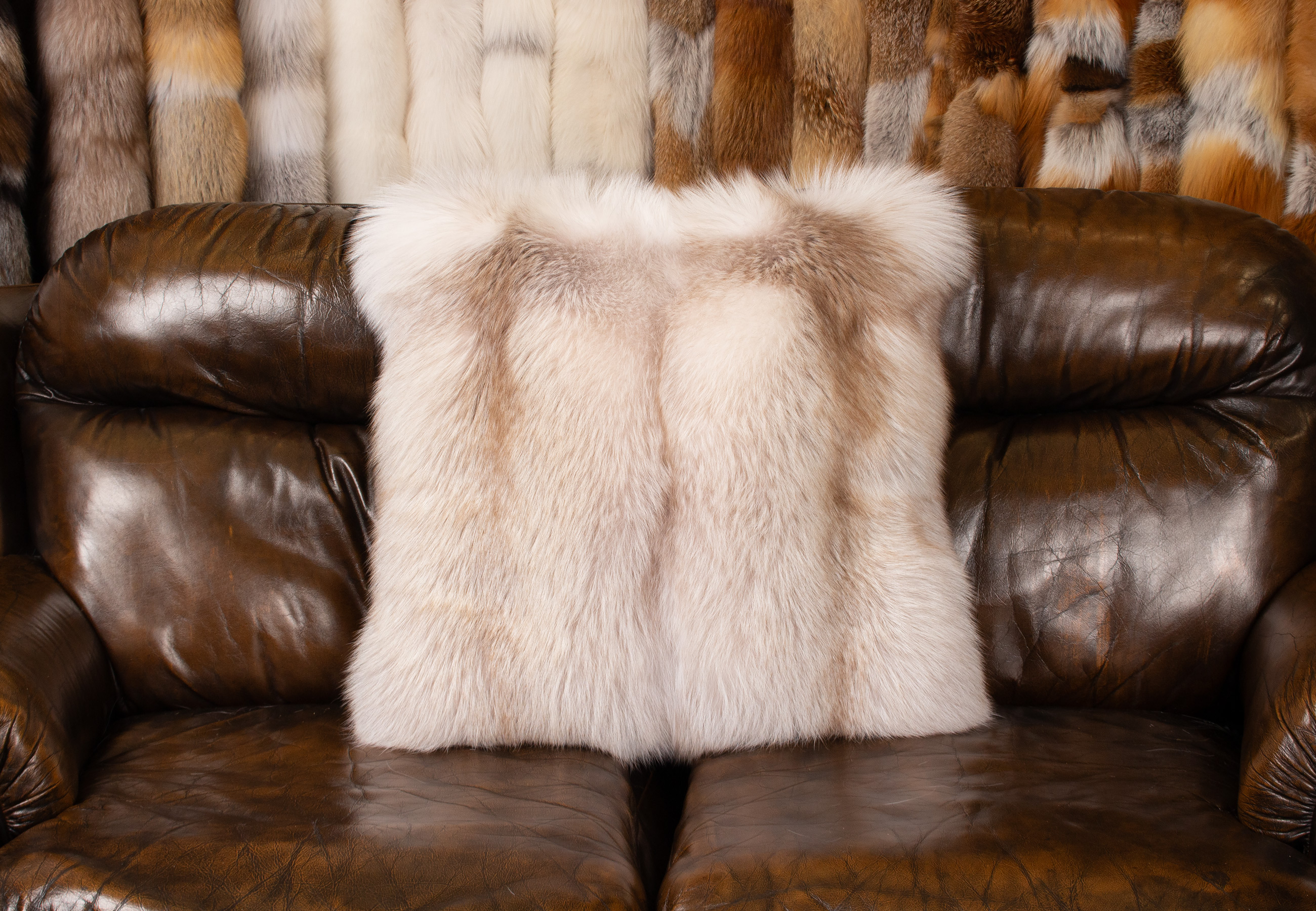 Arctic Marble Fox Fur Pillow in brown
