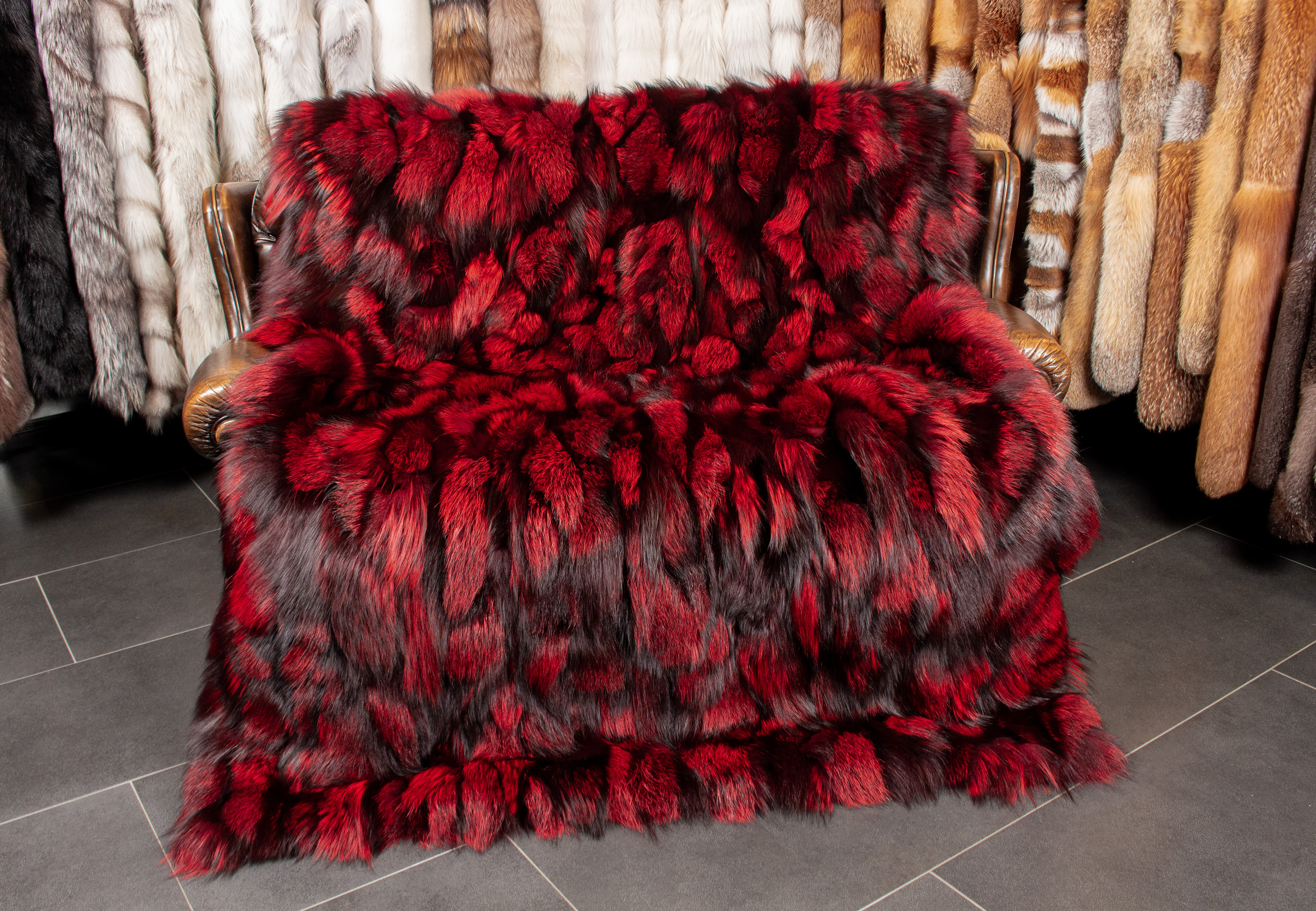 Cozy Silver Fox Pieces Fur Blanket in red