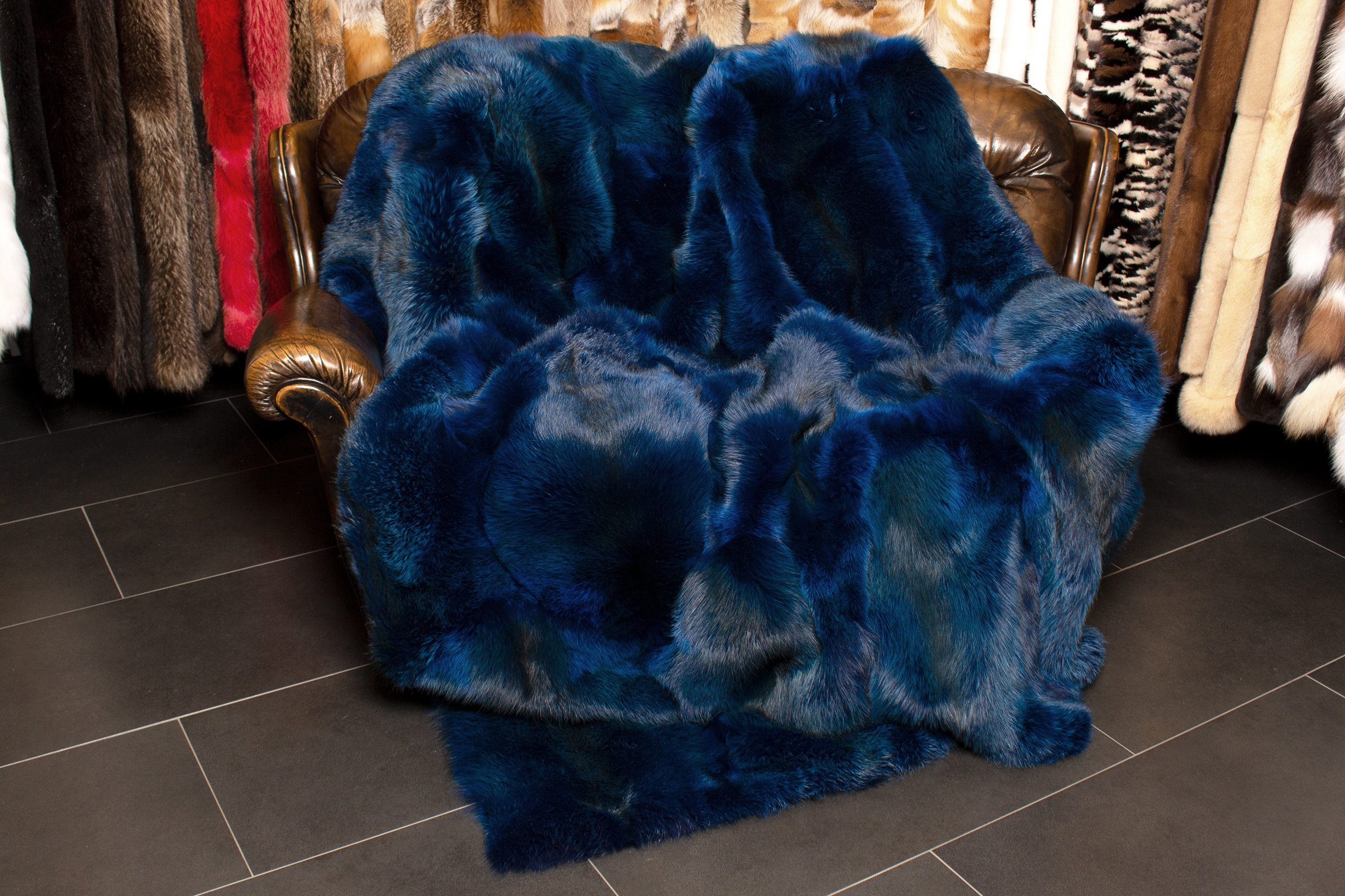 Fluffy Real Fur Red Fox Blanket in Ocean Blue