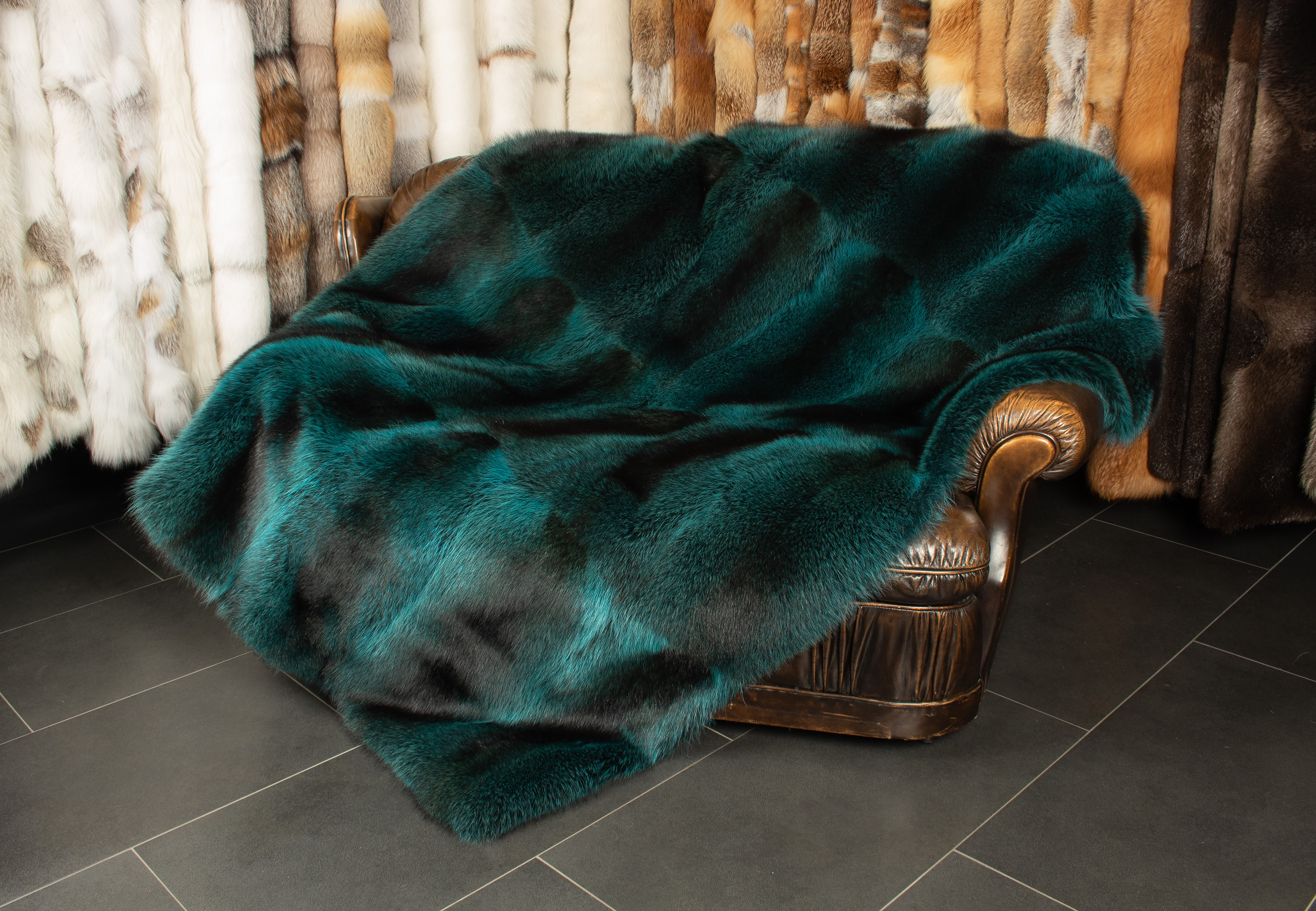 Unique Raccoon Fur Blanket in Turquoise