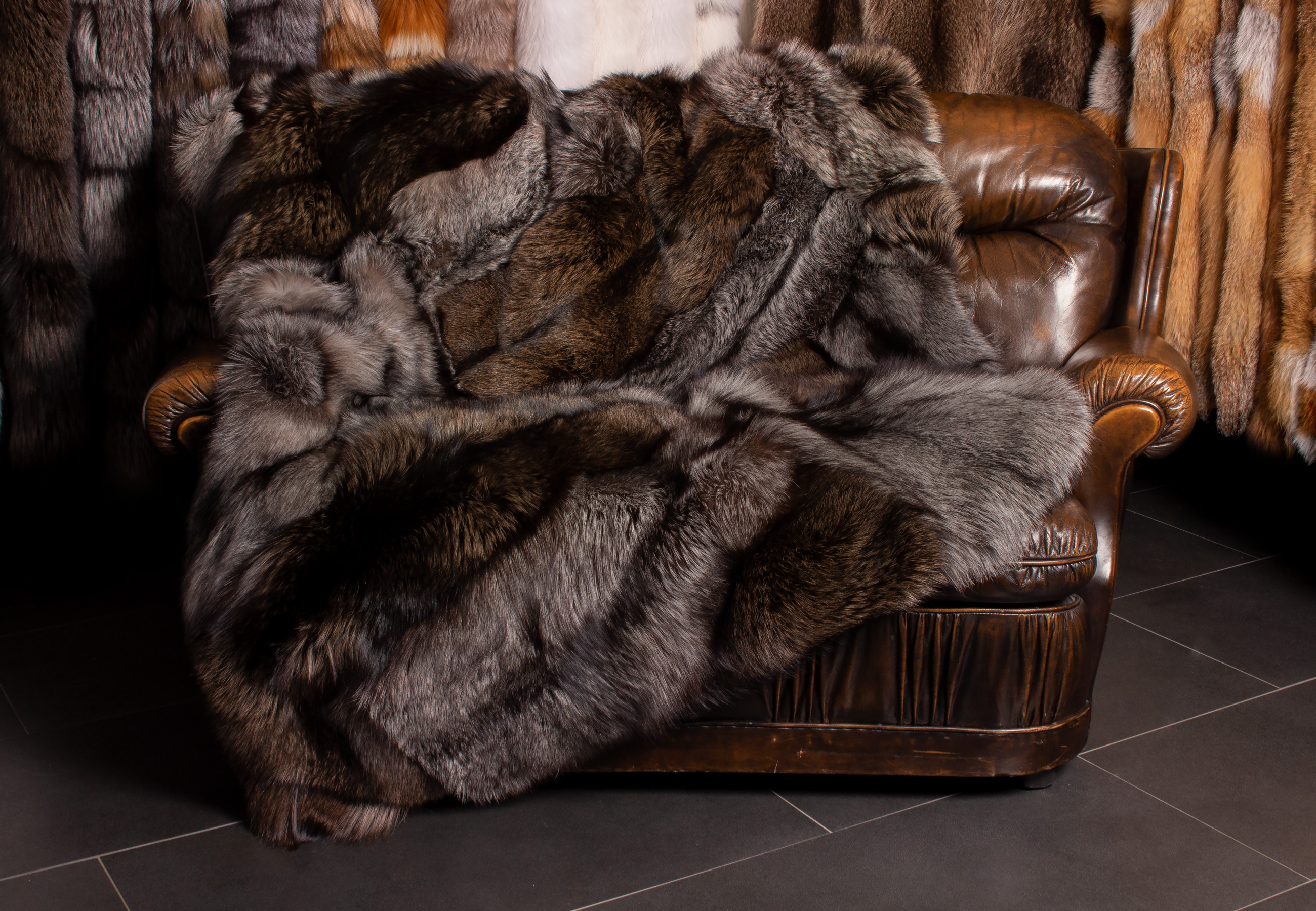 Silver Fox Patchwork Fur Blanket in Brown and Silver