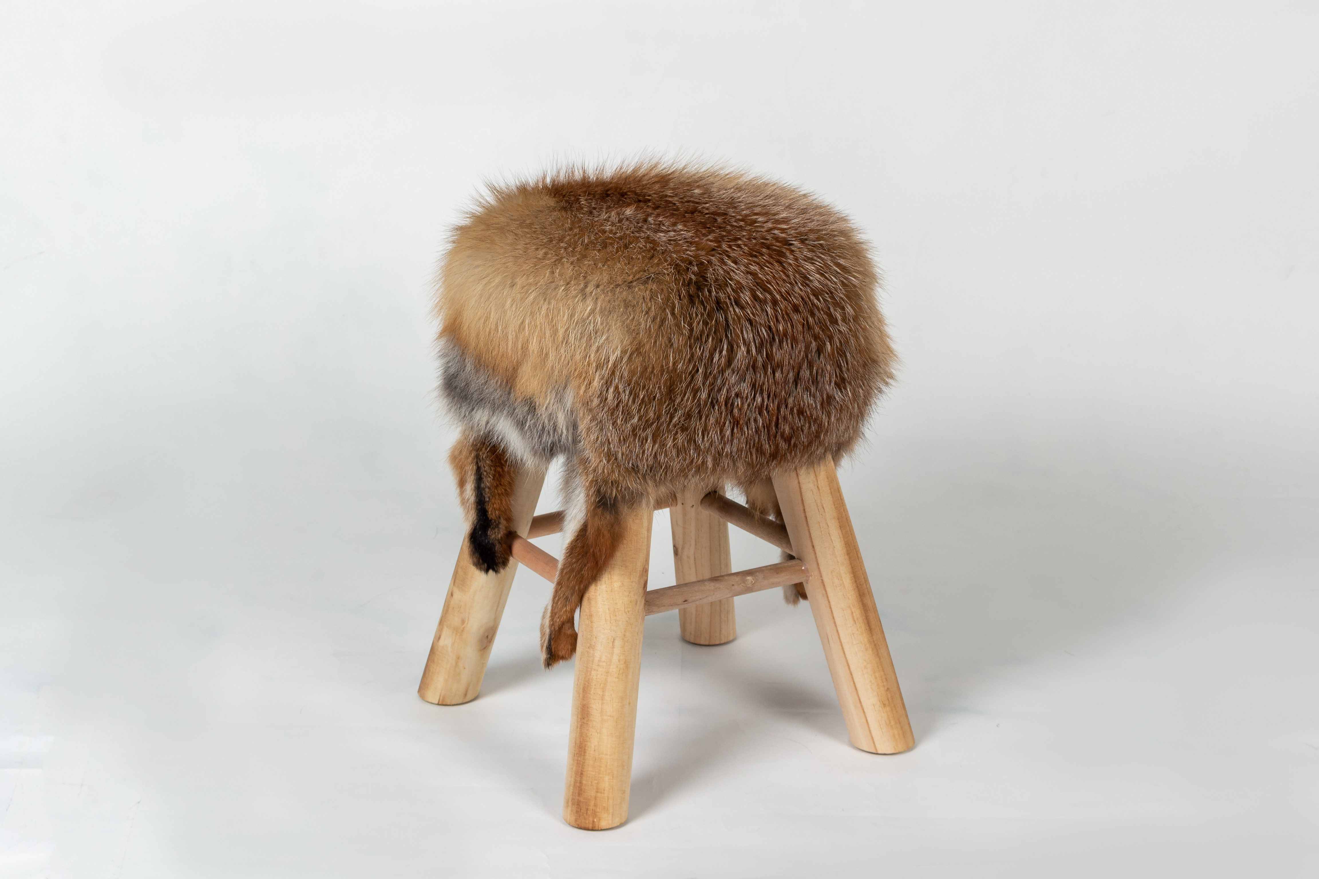 Rustic Wood Stool with European Red Fox Fur