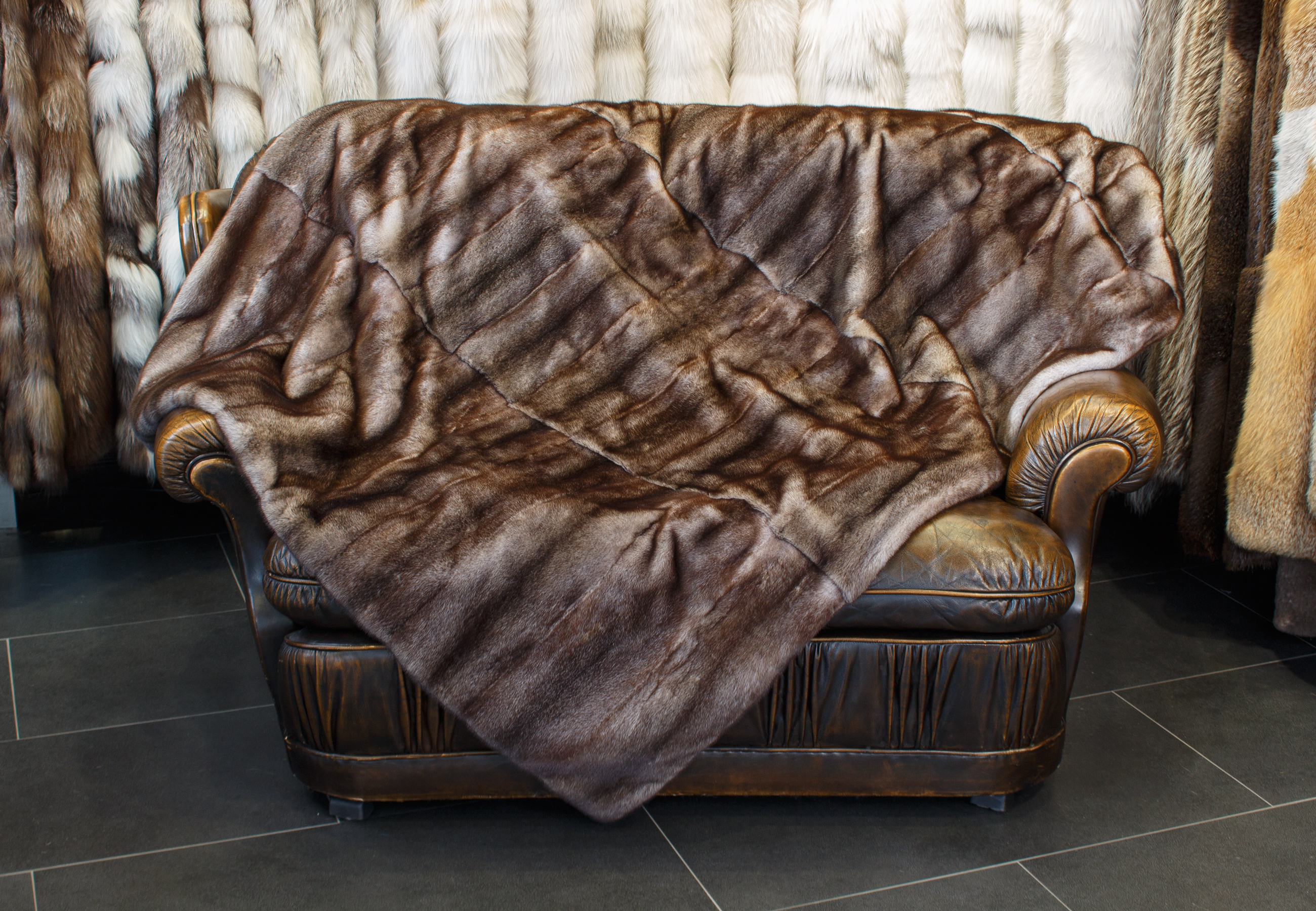 Mink Fur Blanket in brown-gray