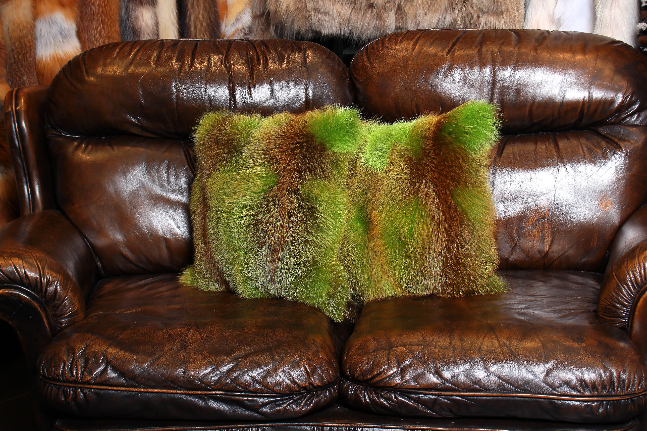 Real Red Fox Fur Pillow in Green