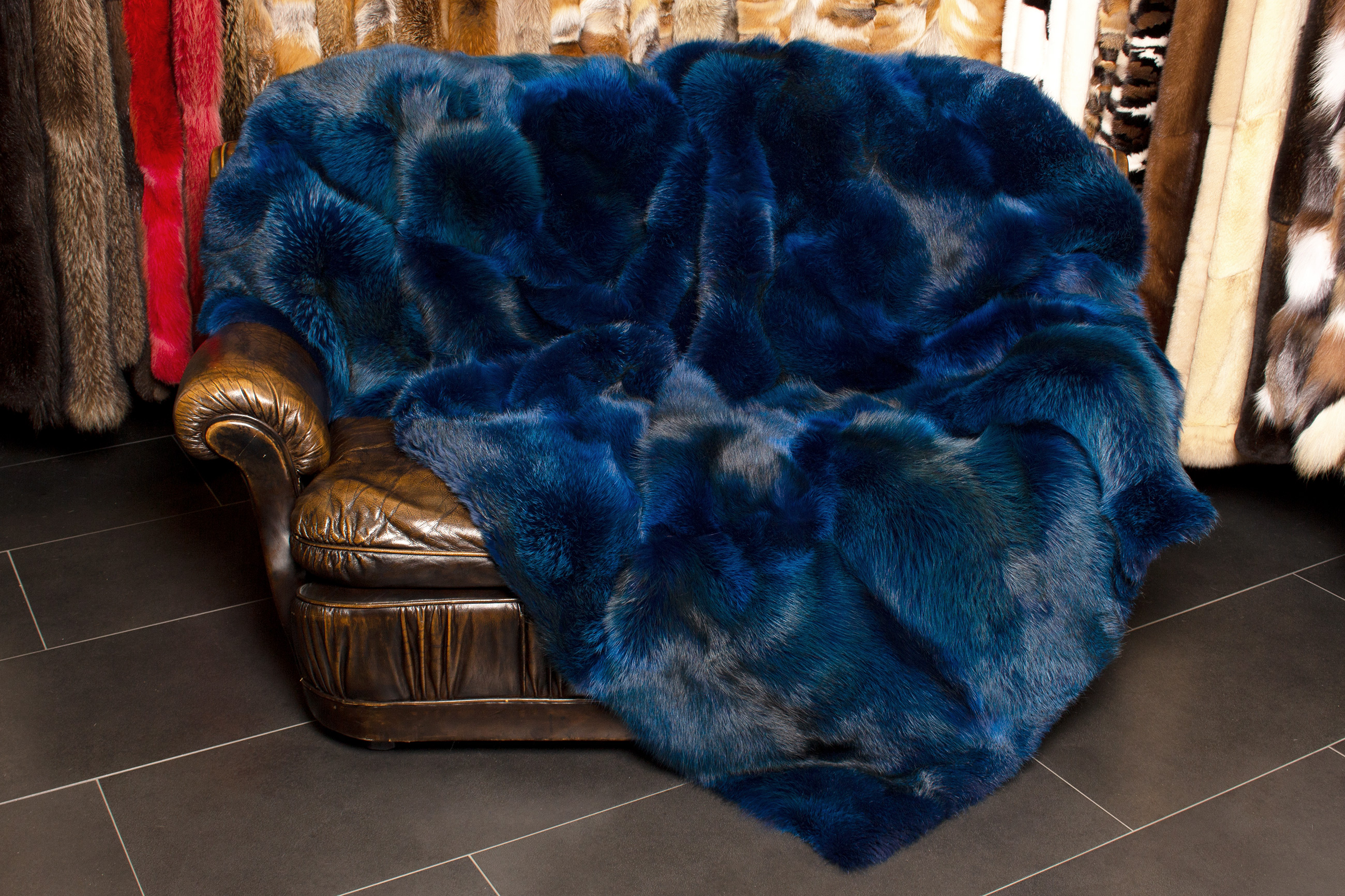 Fluffy Real Fur Red Fox Blanket in Ocean Blue