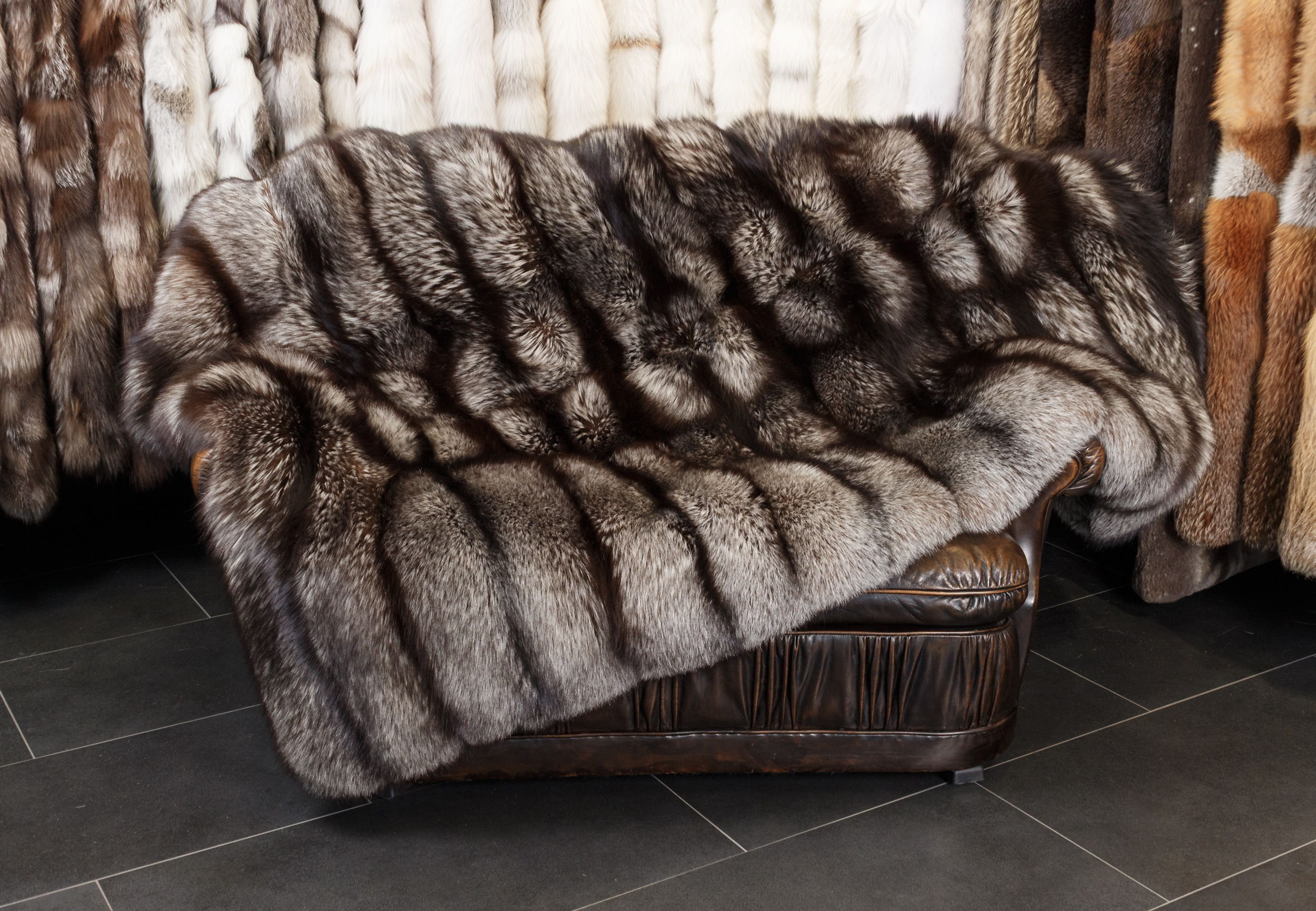 Elegant Silver Fox Fur Blanket in Mocha Grey