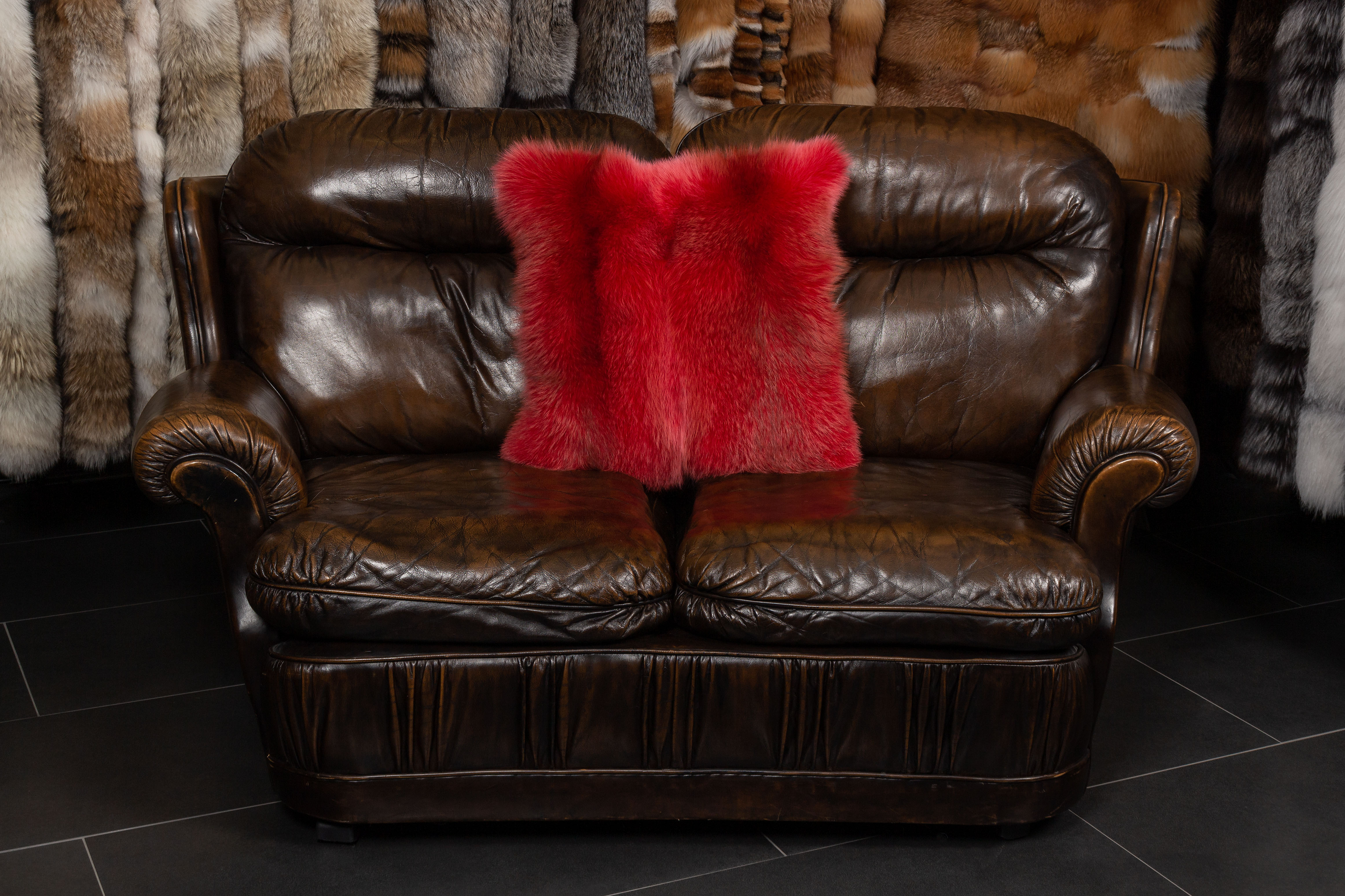 European Red Fox Fur Pillow in Red
