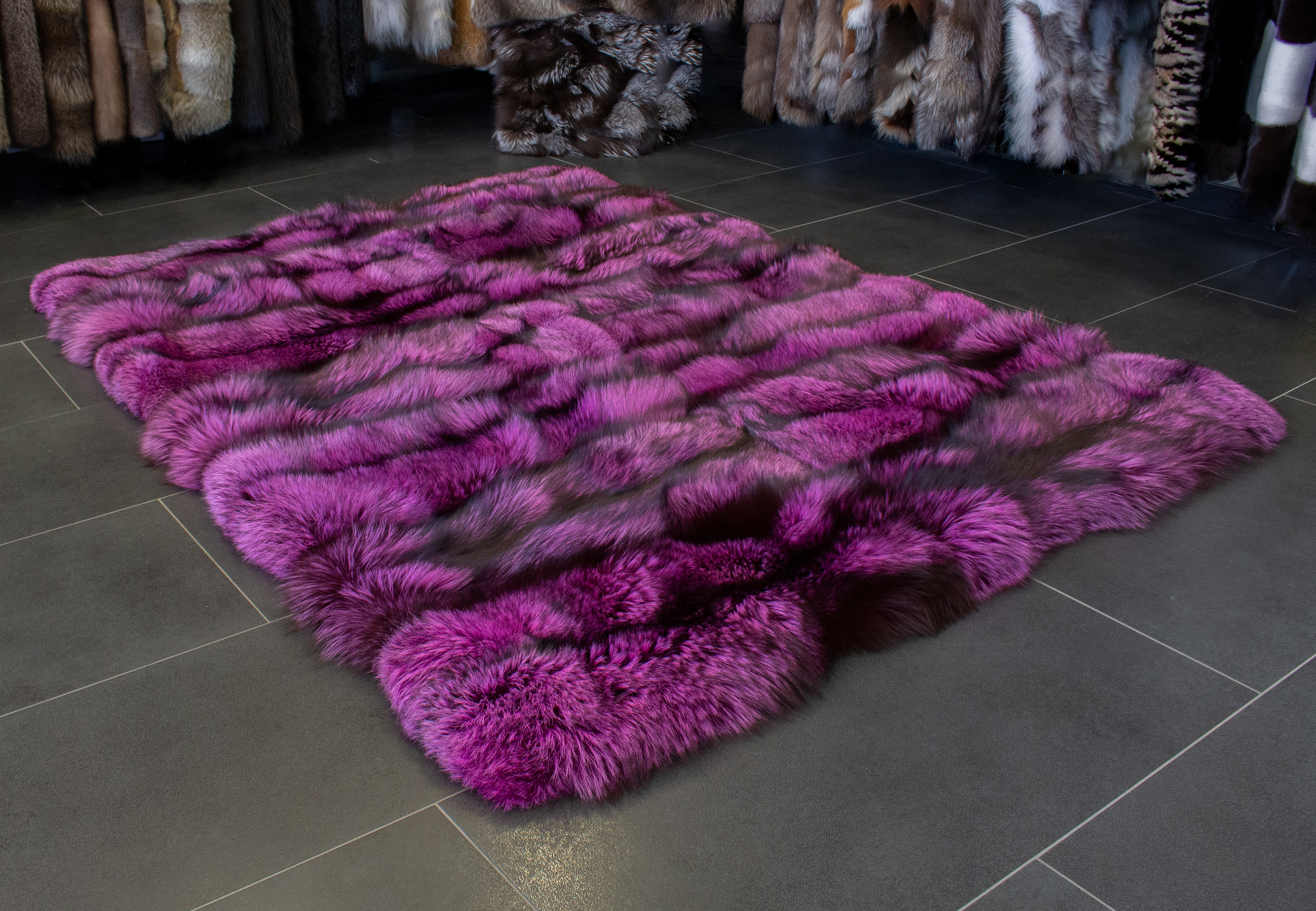 Silver Fox Rug Real Fur Carpet made with Silver Foxes in Purple