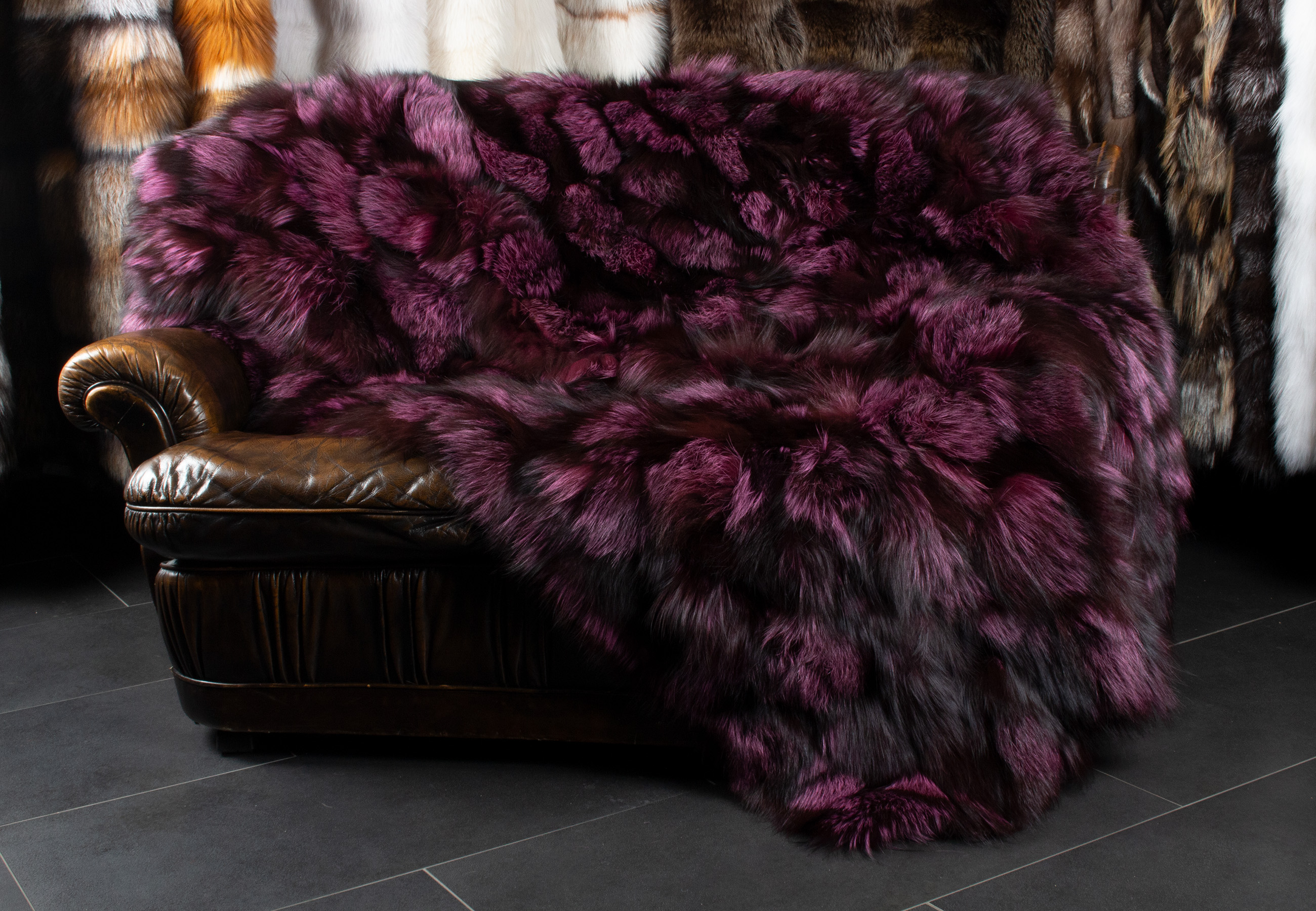 Silver Fox Fur Blanket in Black-Purple