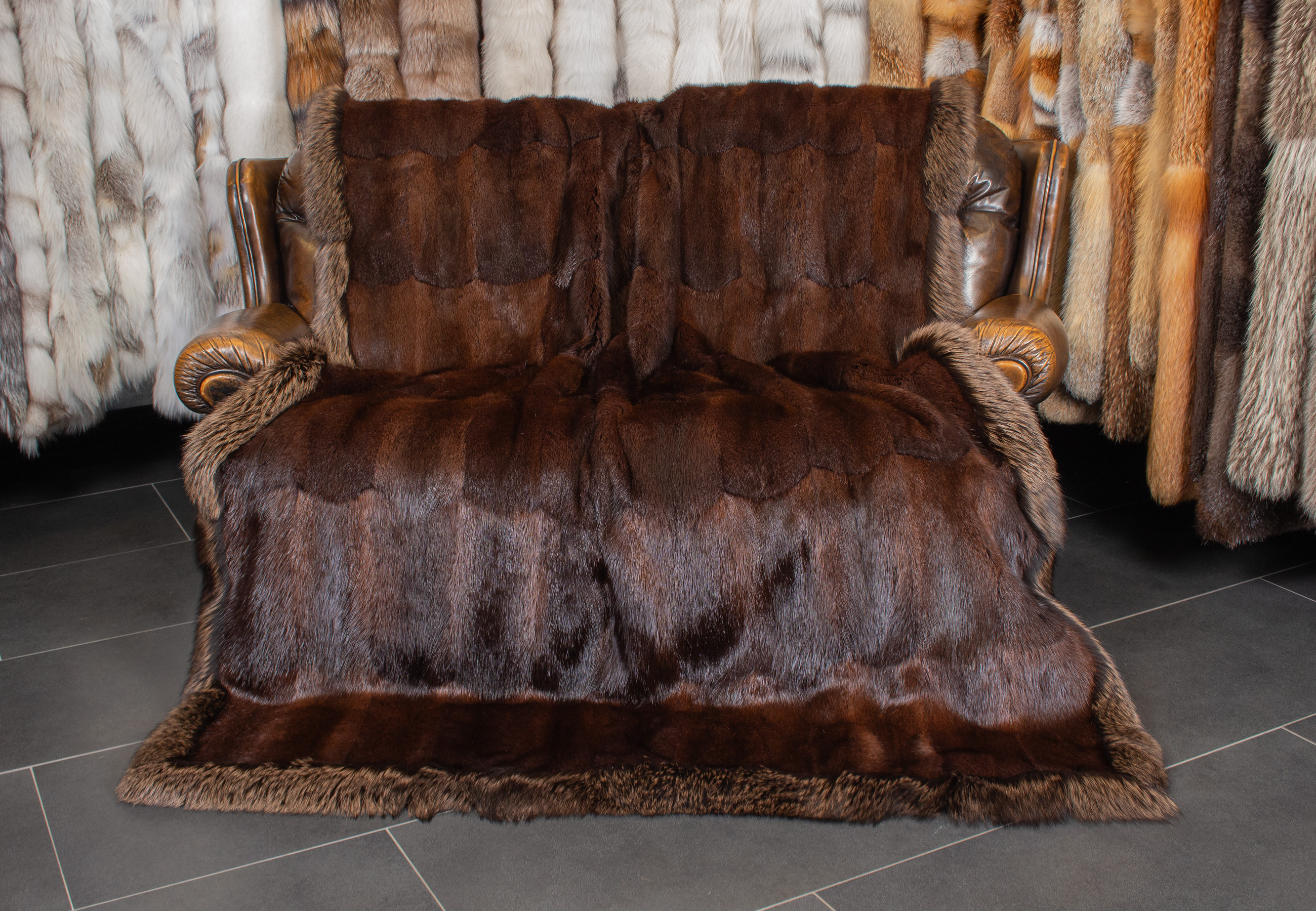 Noble Muskrat Fur Blanket with Fox Fur Border in Brown