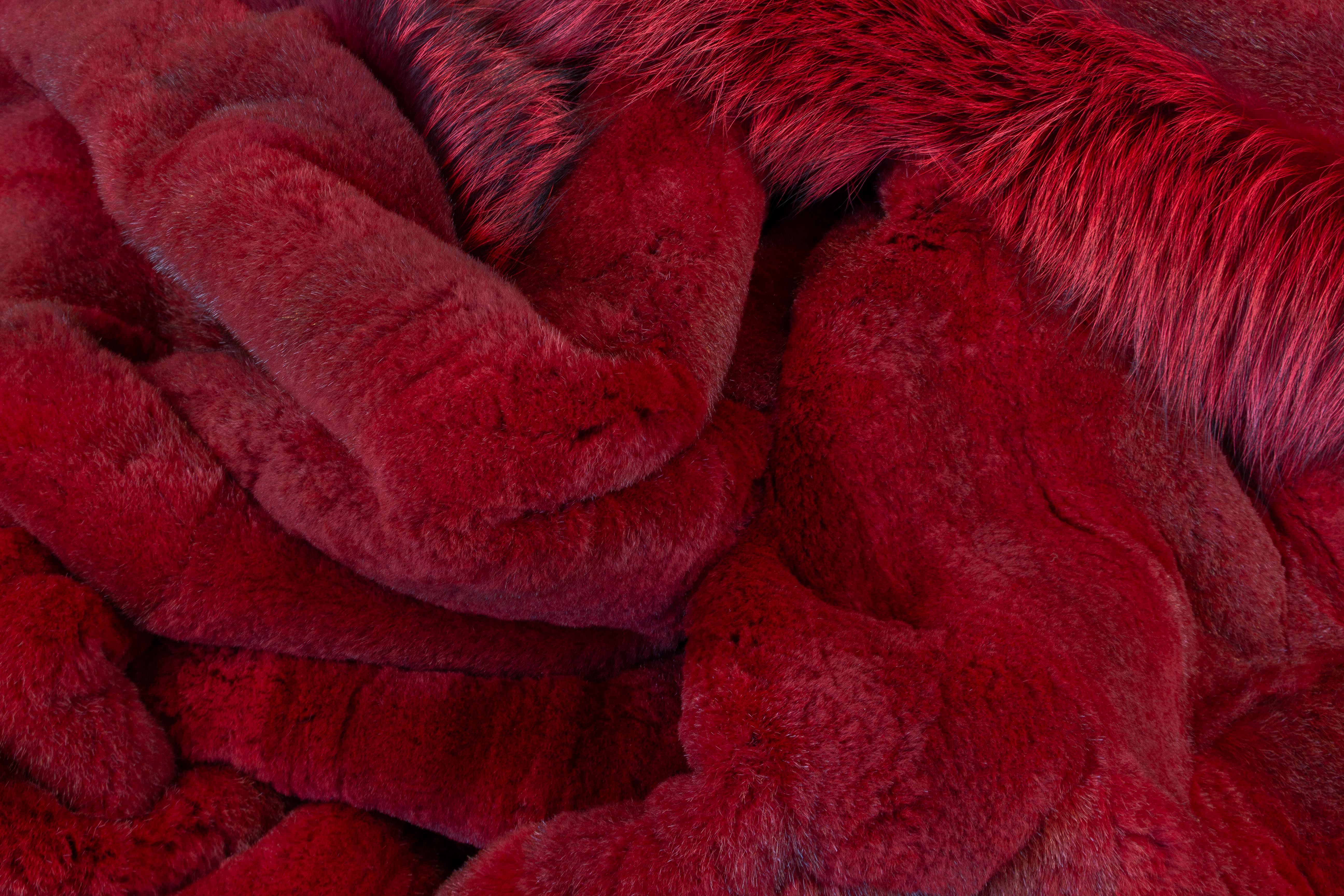 Muskrat Fur Blanket with Fox Frame in Ferrari-Red