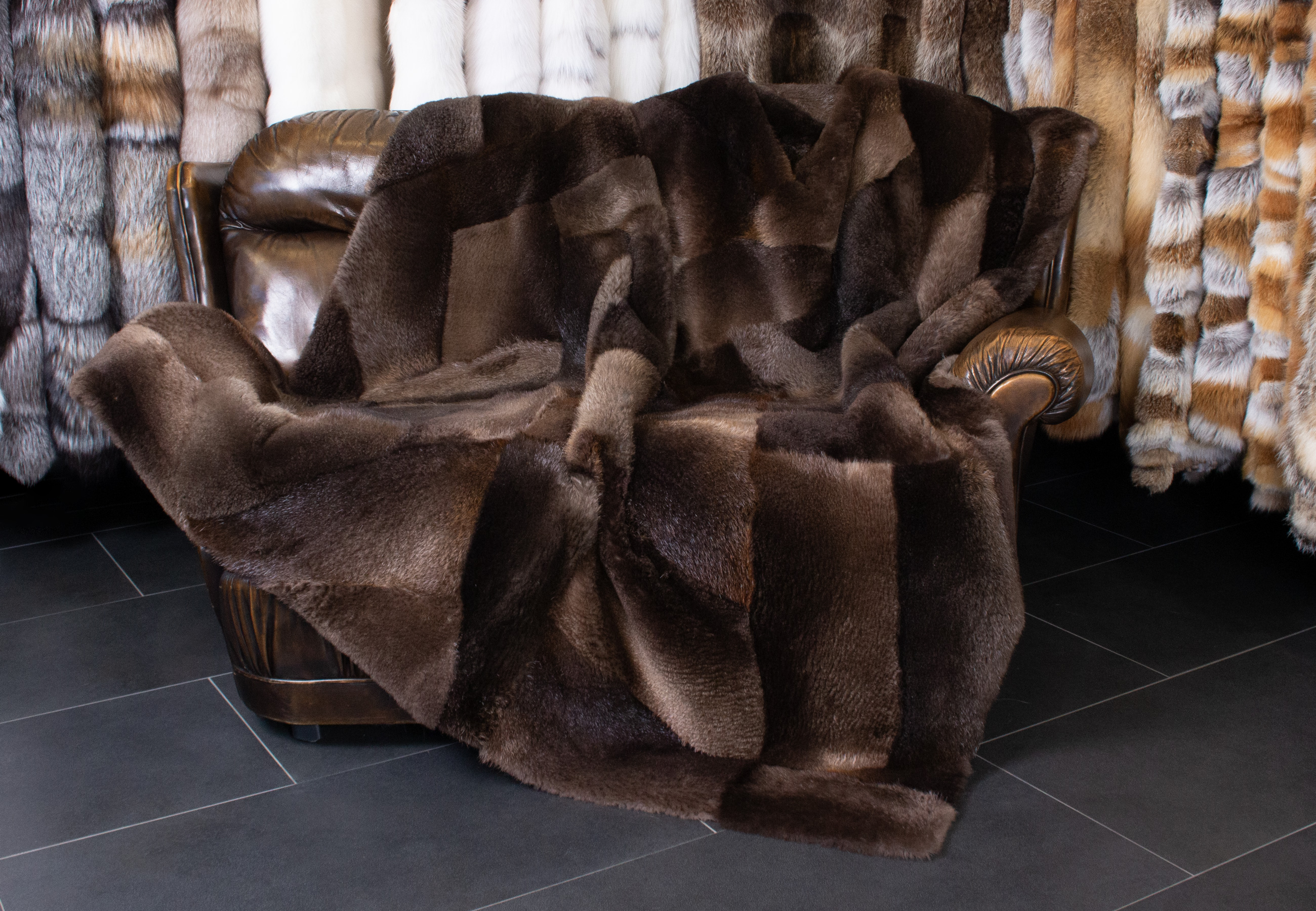 Natural Beaver Fur Blanket in Patch Design