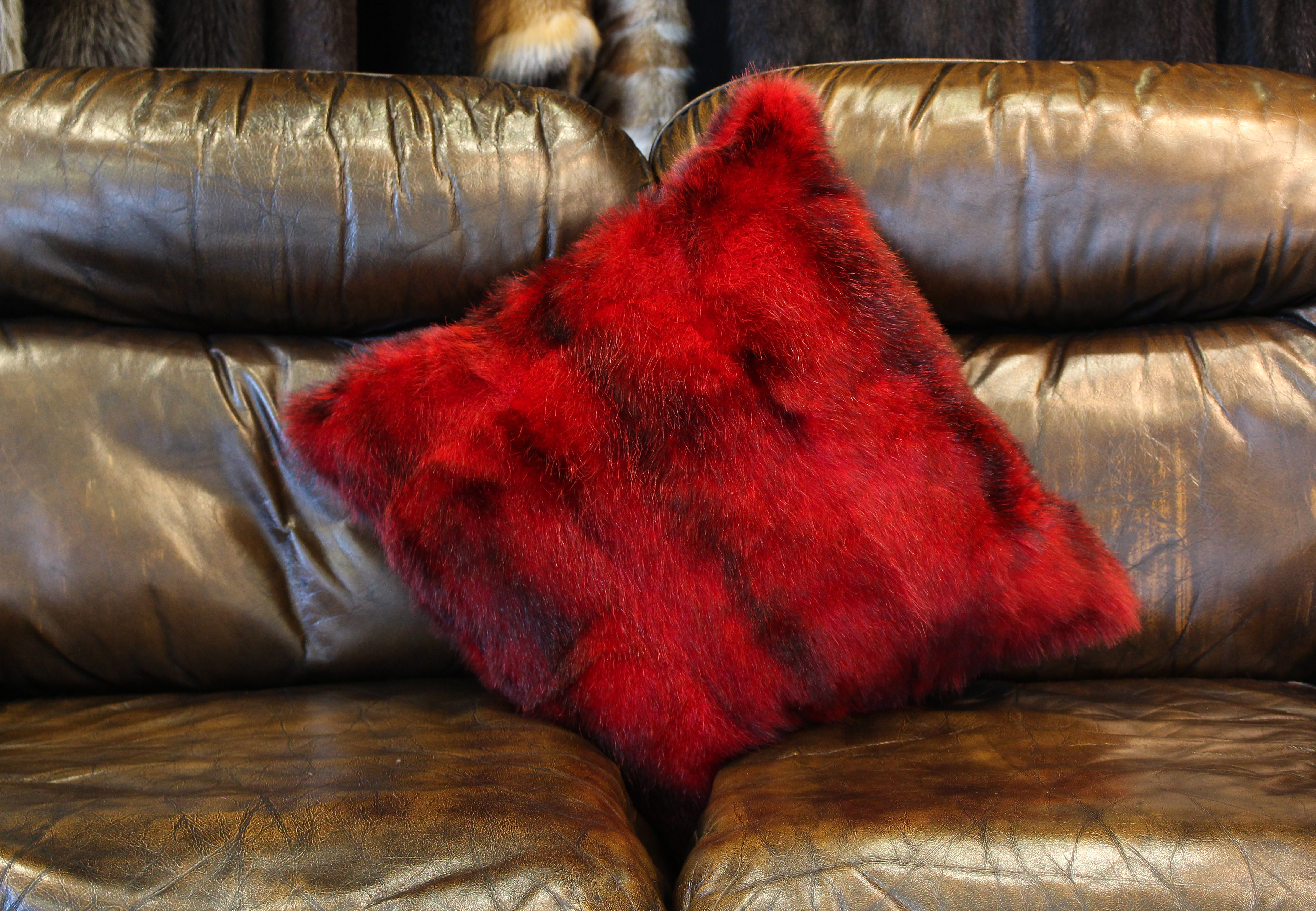 Genuine Possum Fur Pillow in Red