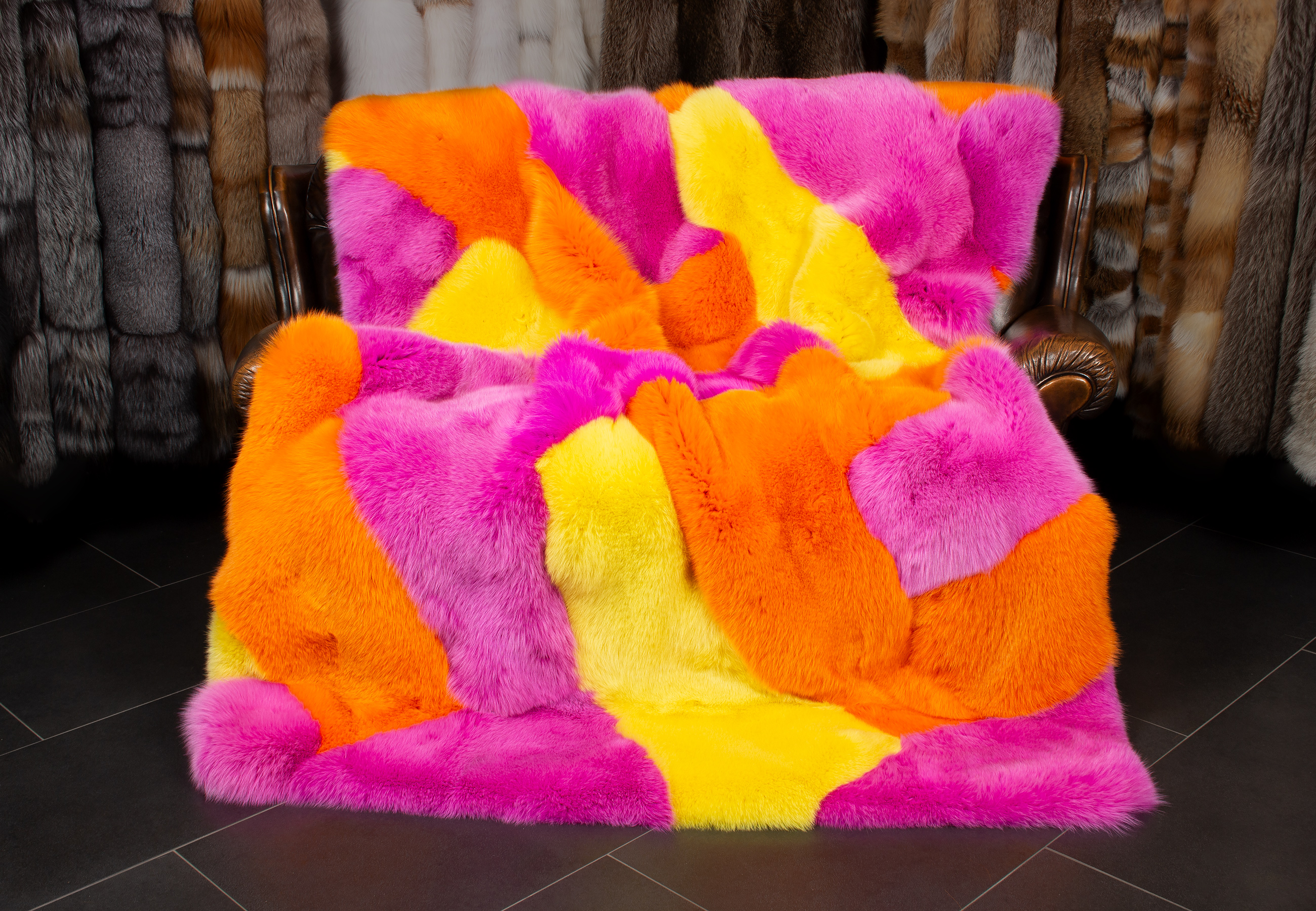 Blue Fox Patchwork Fur Blanket in Multicolor