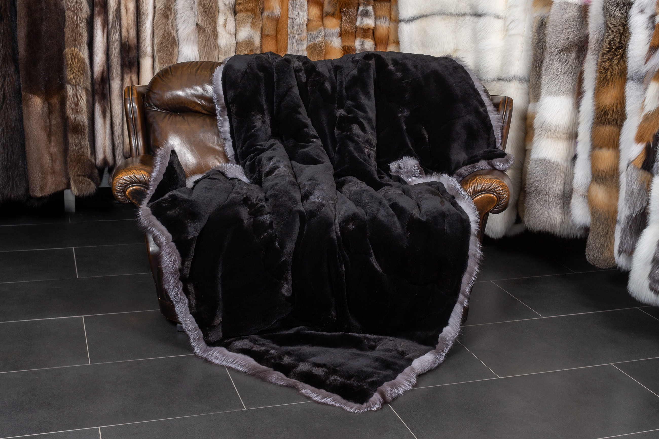 Blue Frost Fox Blanket with black, sheared Weasel Backing