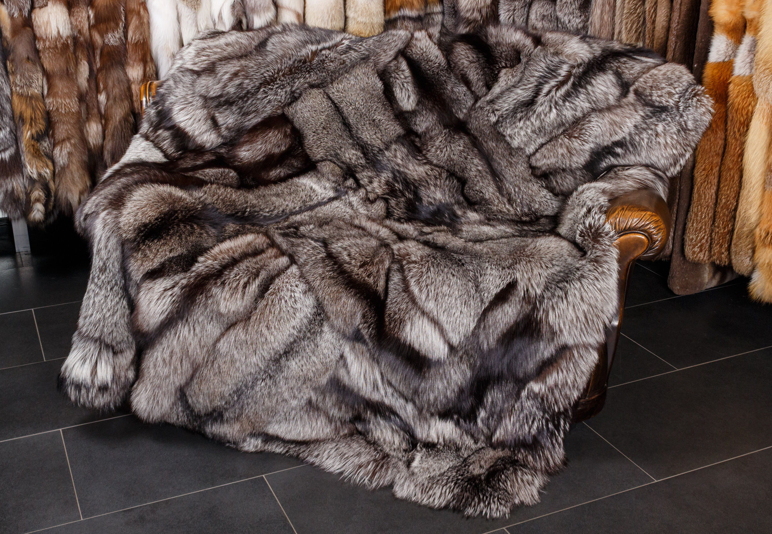 Patchwork silver fox fur blanket in brown-grey