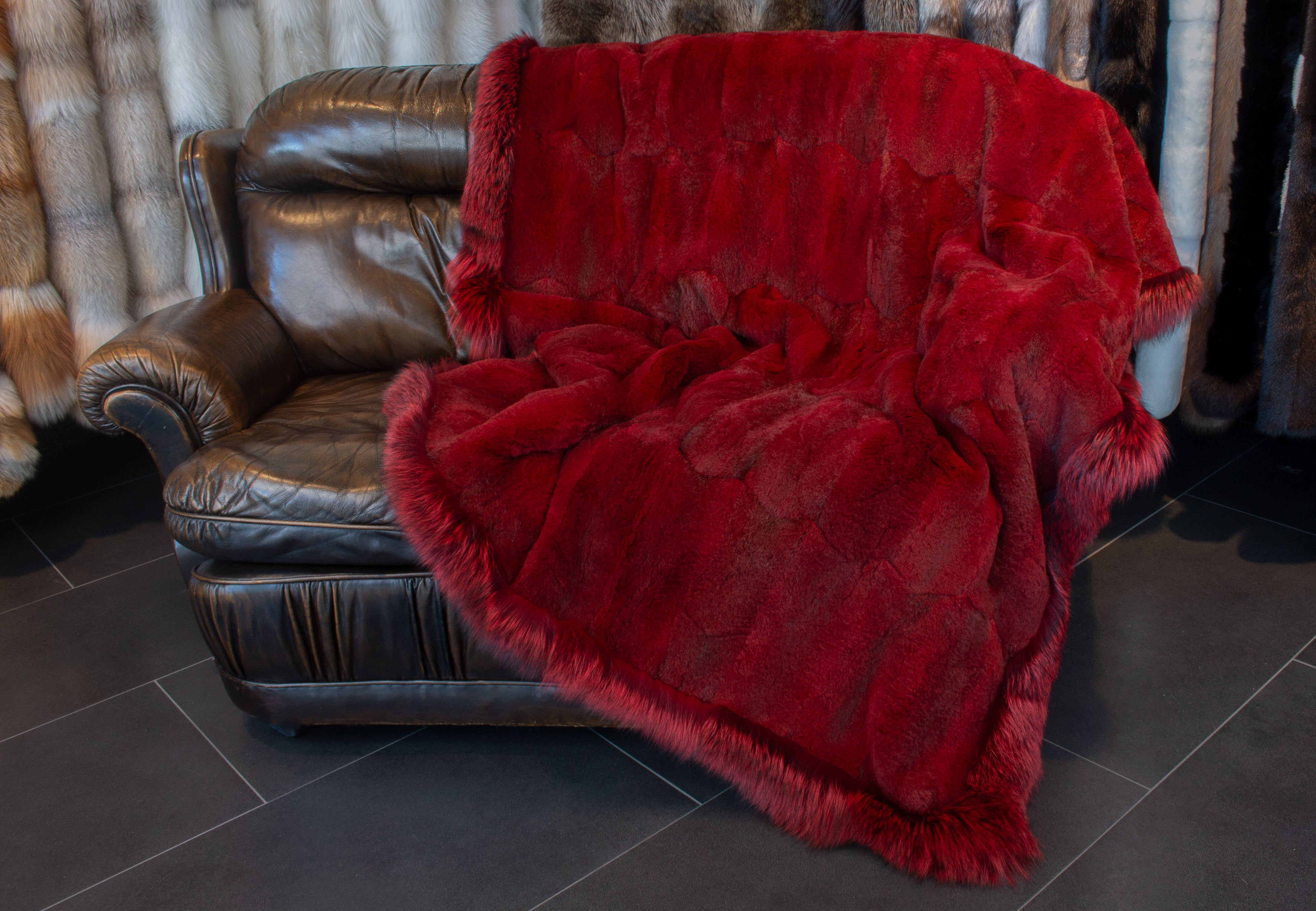 Muskrat Fur Blanket with Fox Frame in Ferrari-Red Muskrat Fur Blanket with Fox Frame in Ferrari-Red