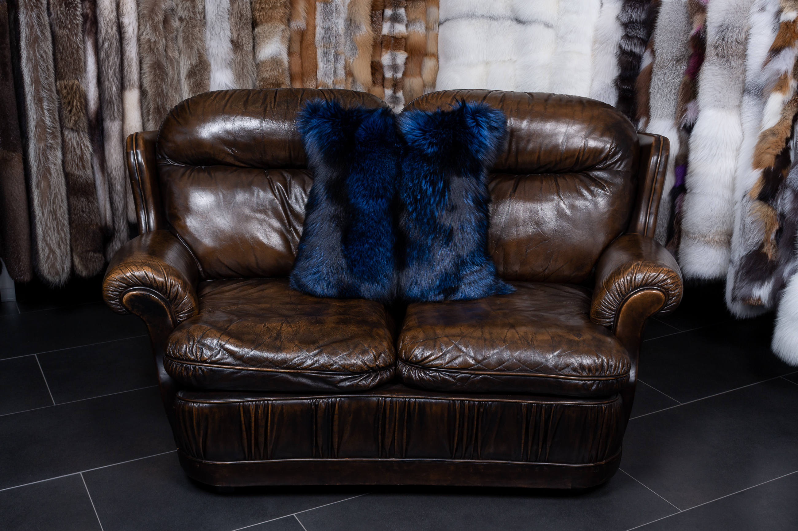 Real Fur Silver Fox Pillow in royal blue