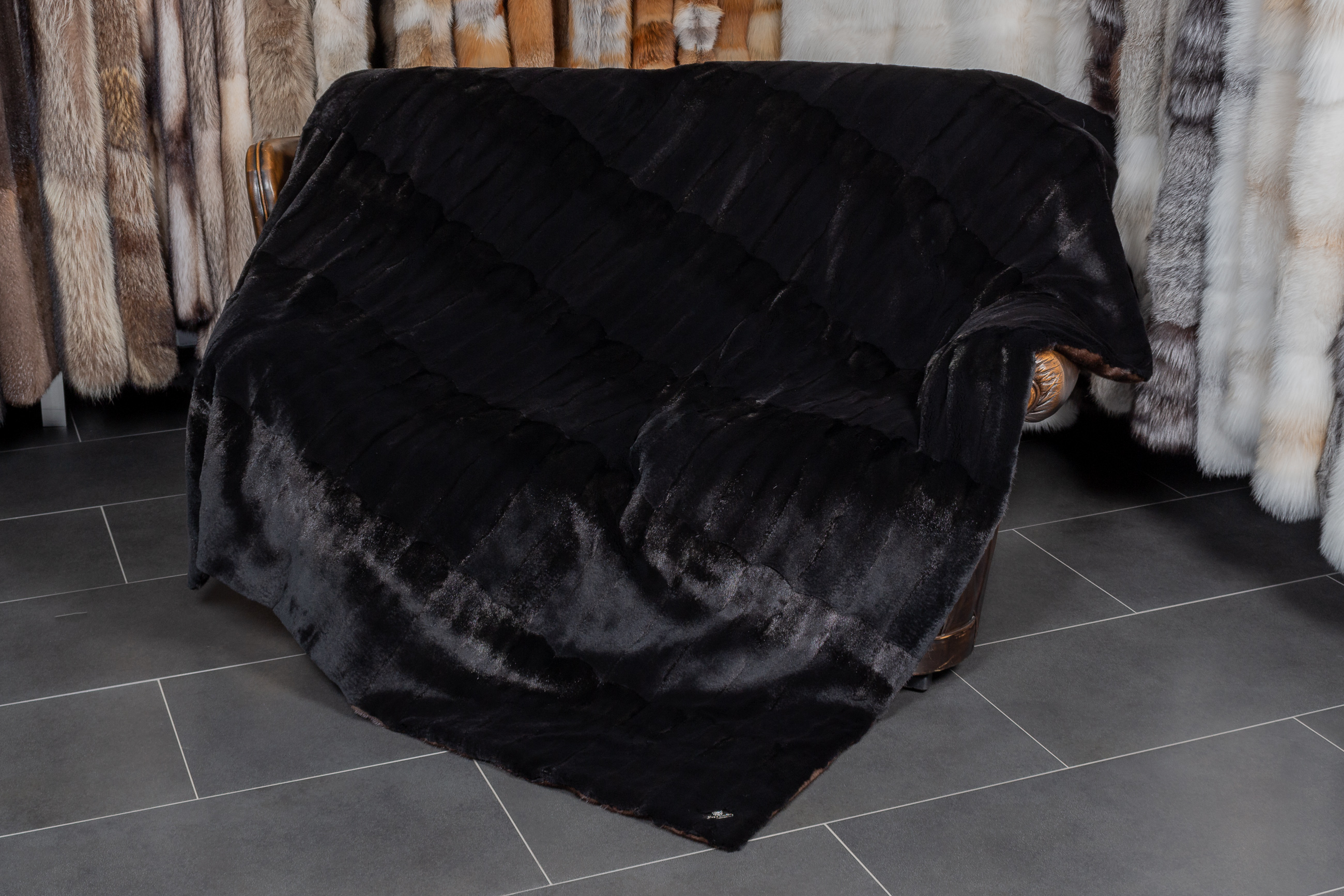 Mahogany Mink Fur Blanket with Black Weasel Lining