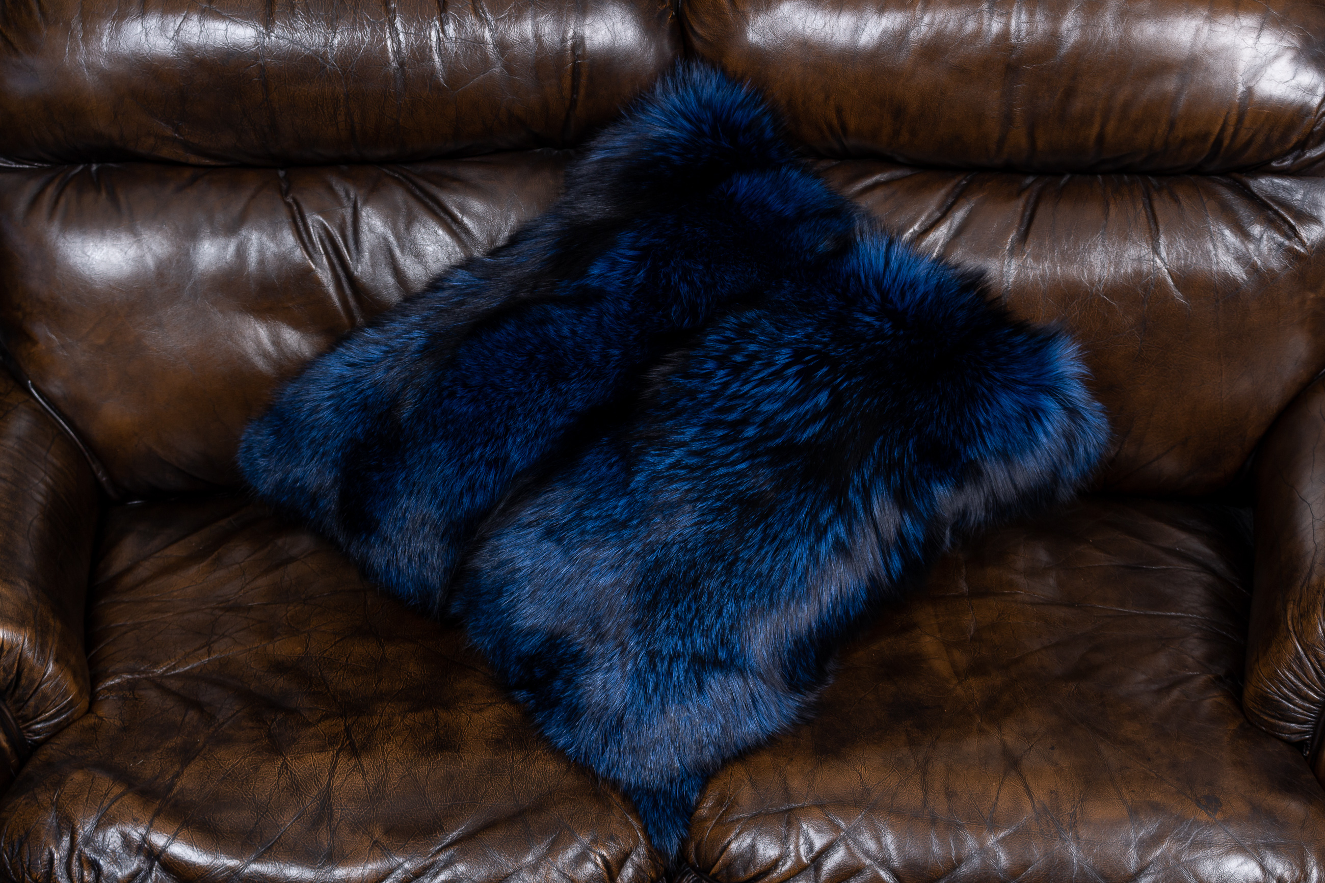 Real Fur Silver Fox Pillow in royal blue