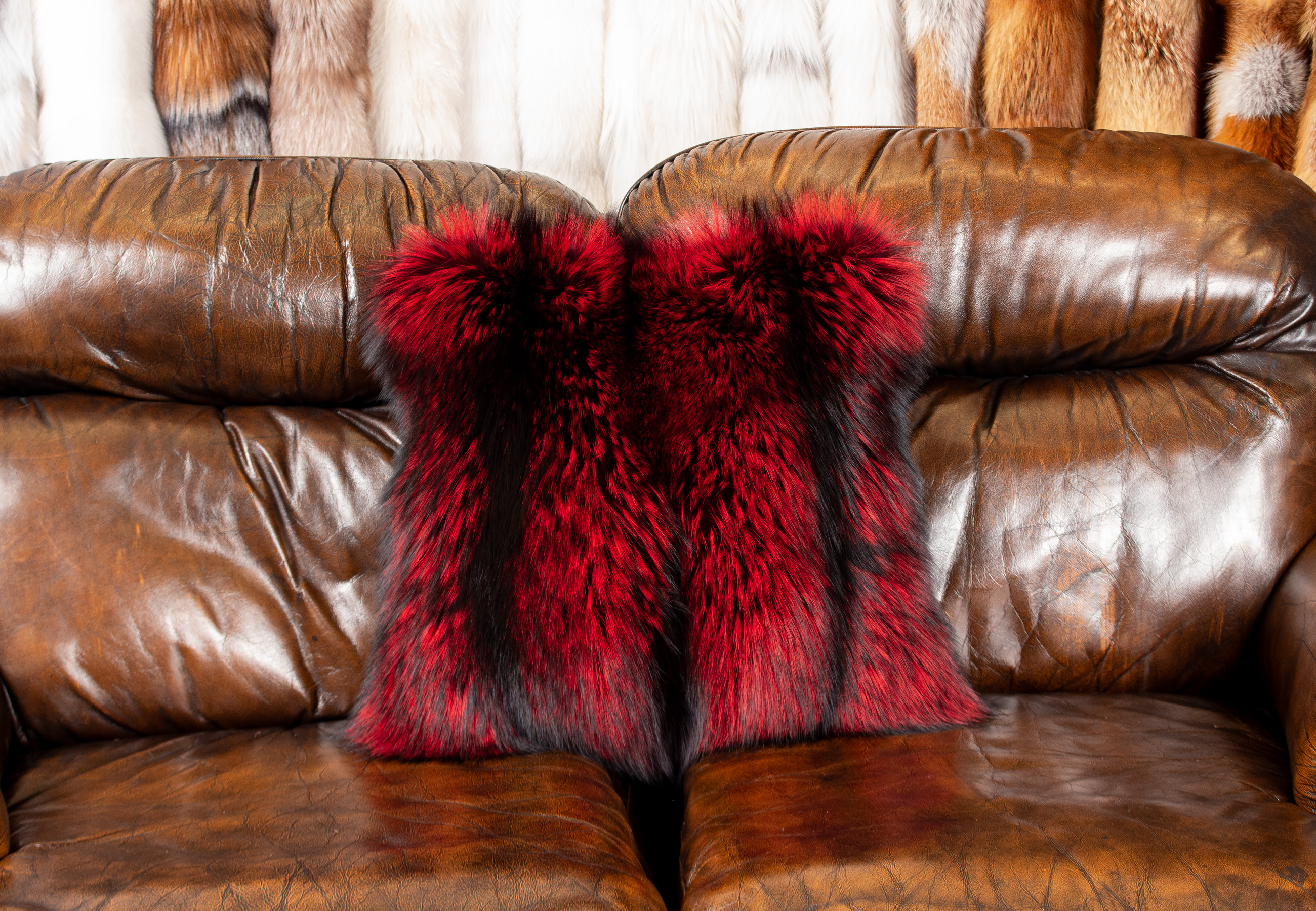 Noble Silver Fox Fur Pillow in Red