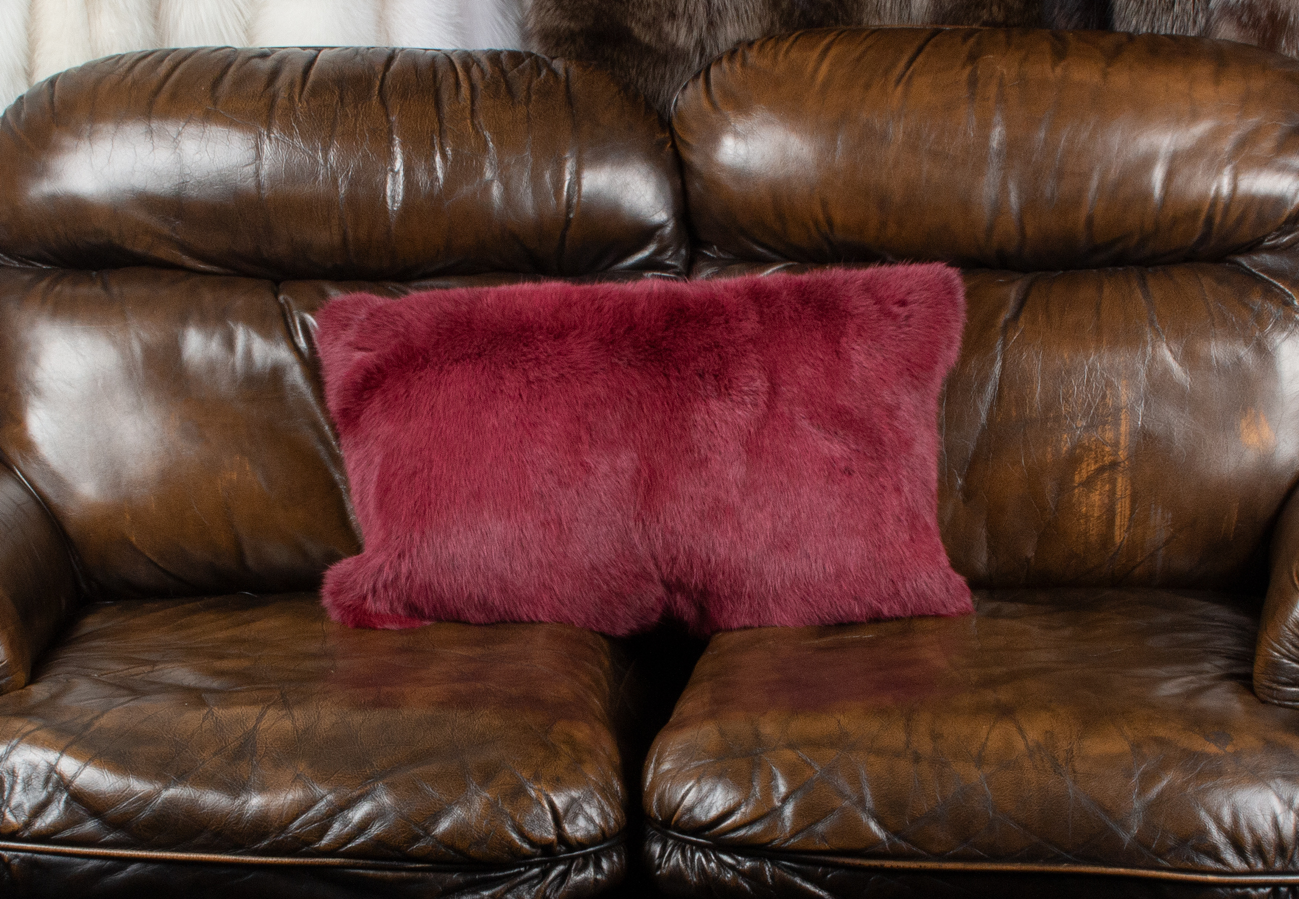 Real Rabbit Fur Cushion in dark-red