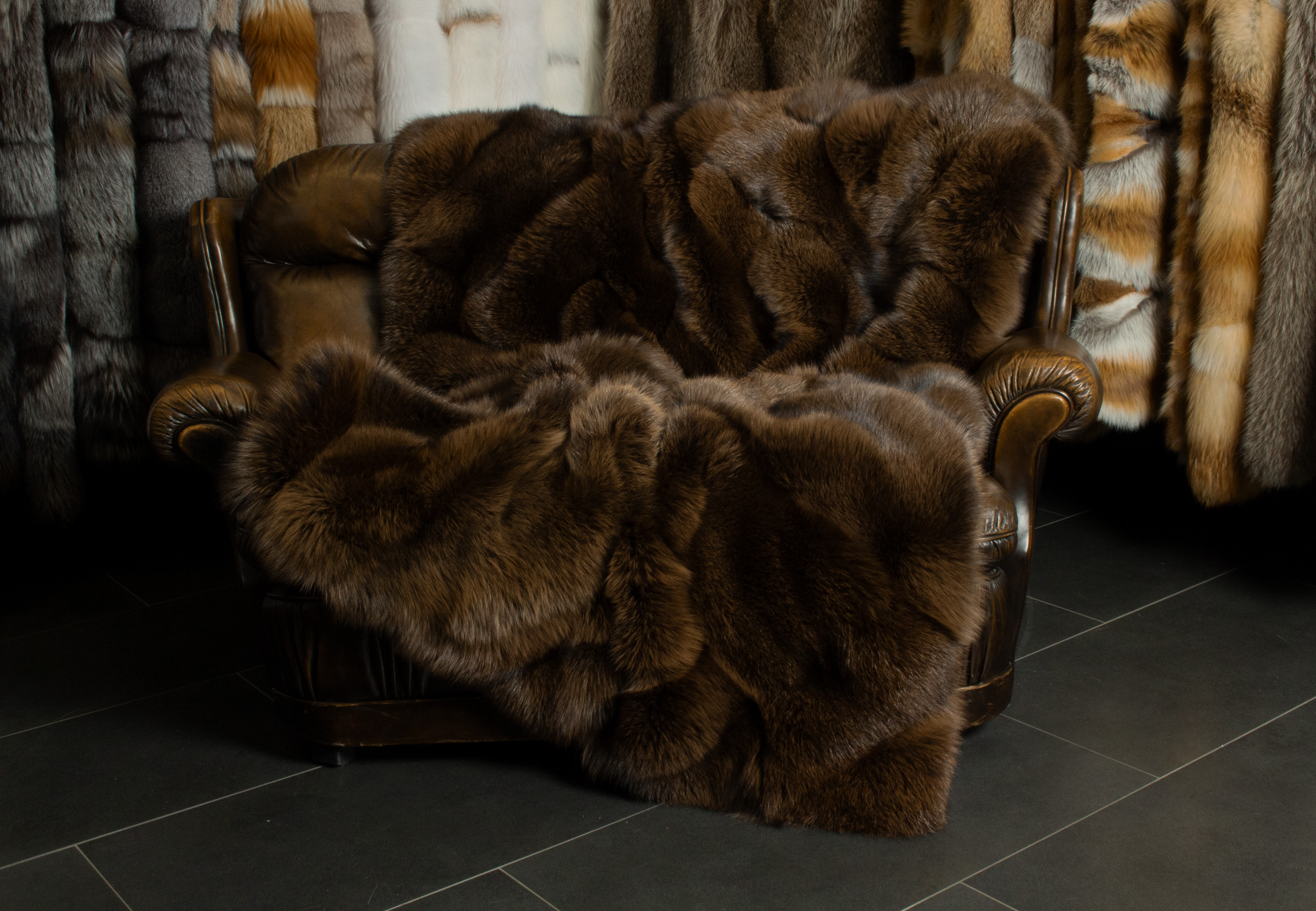 Arctic Marble Patchwork Fur Blanket in Brown