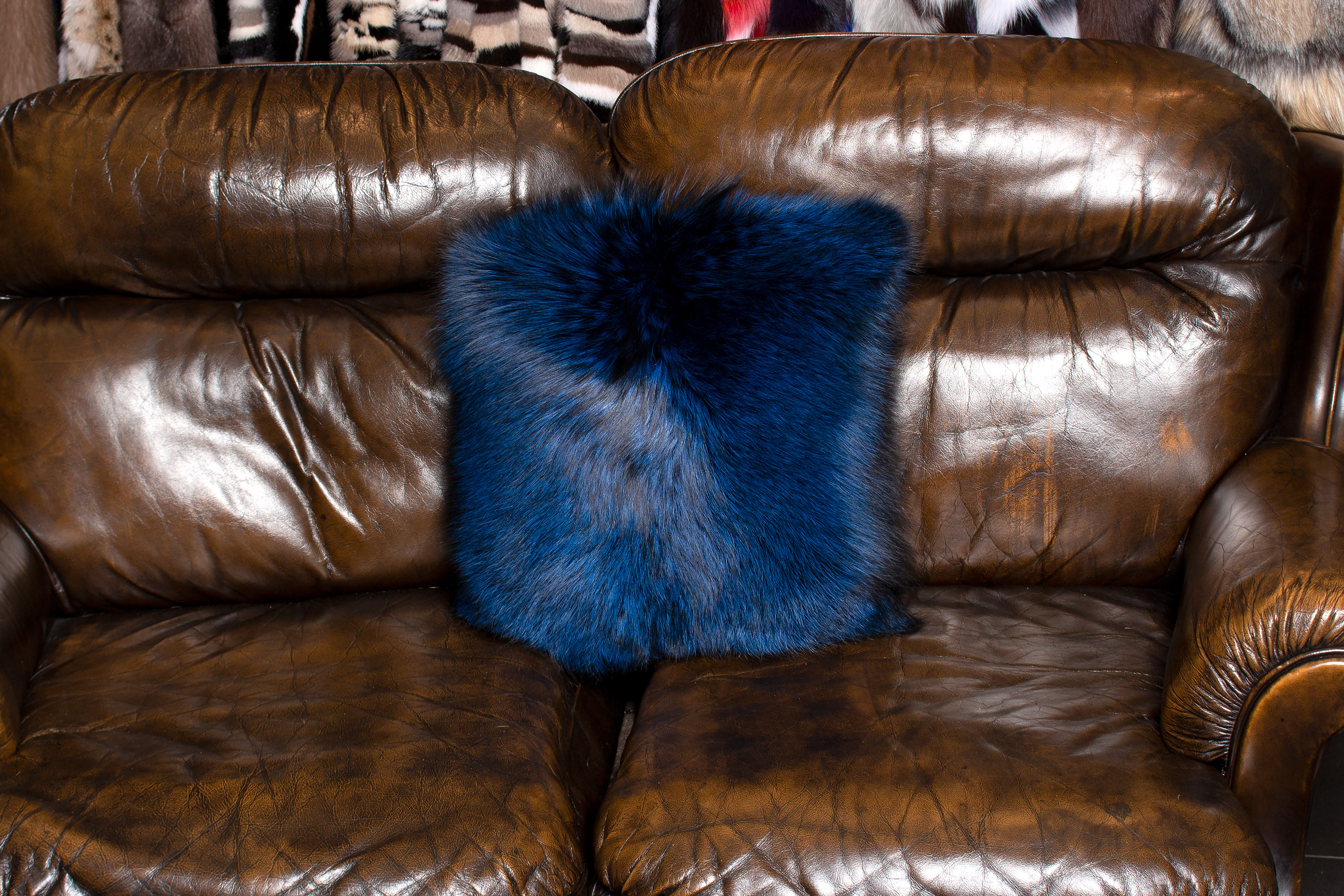 Genuine Silver Fox Fur Pillow in Blue