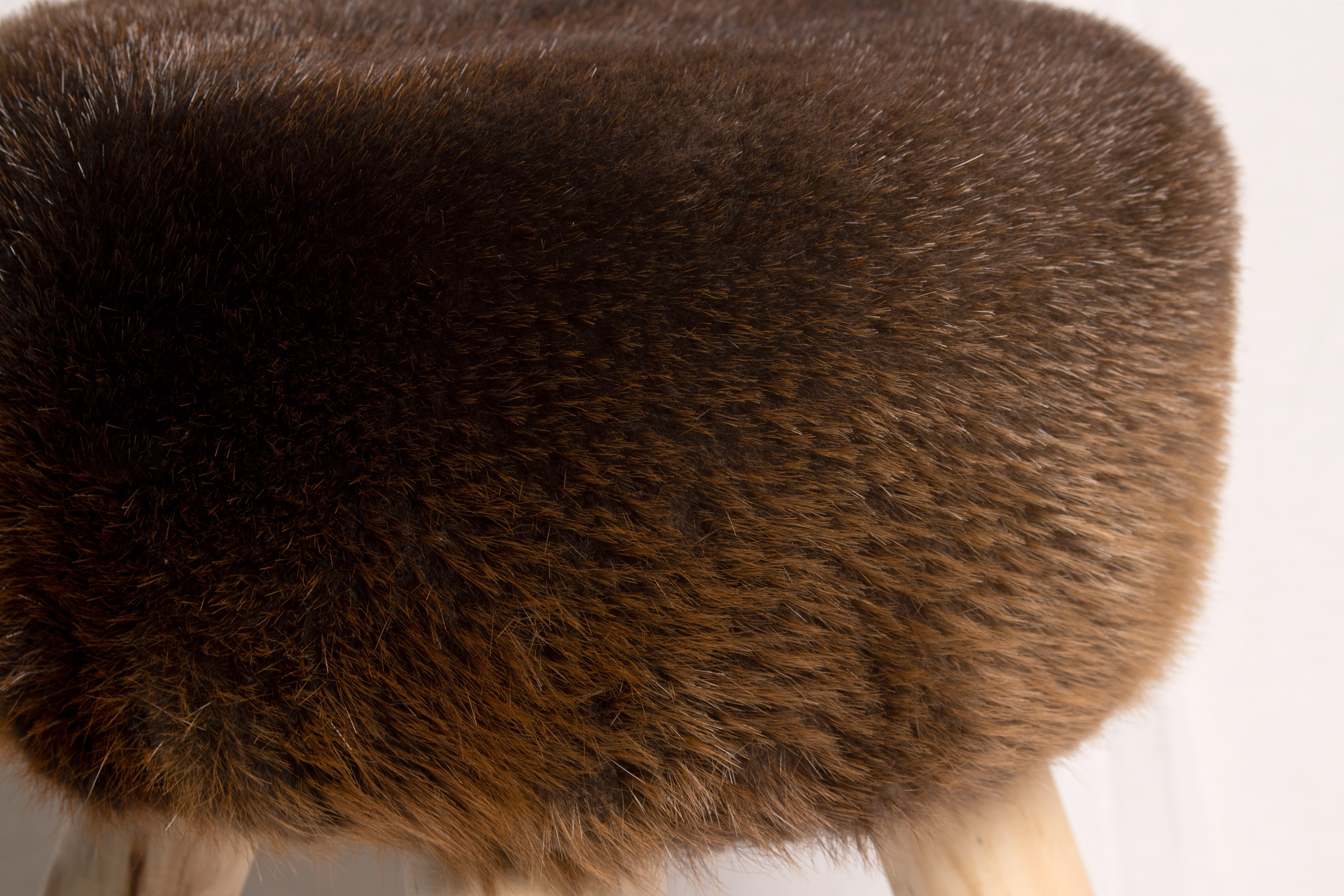 Rustic Real Fur Wood Stool - Canadian Beaver Skins