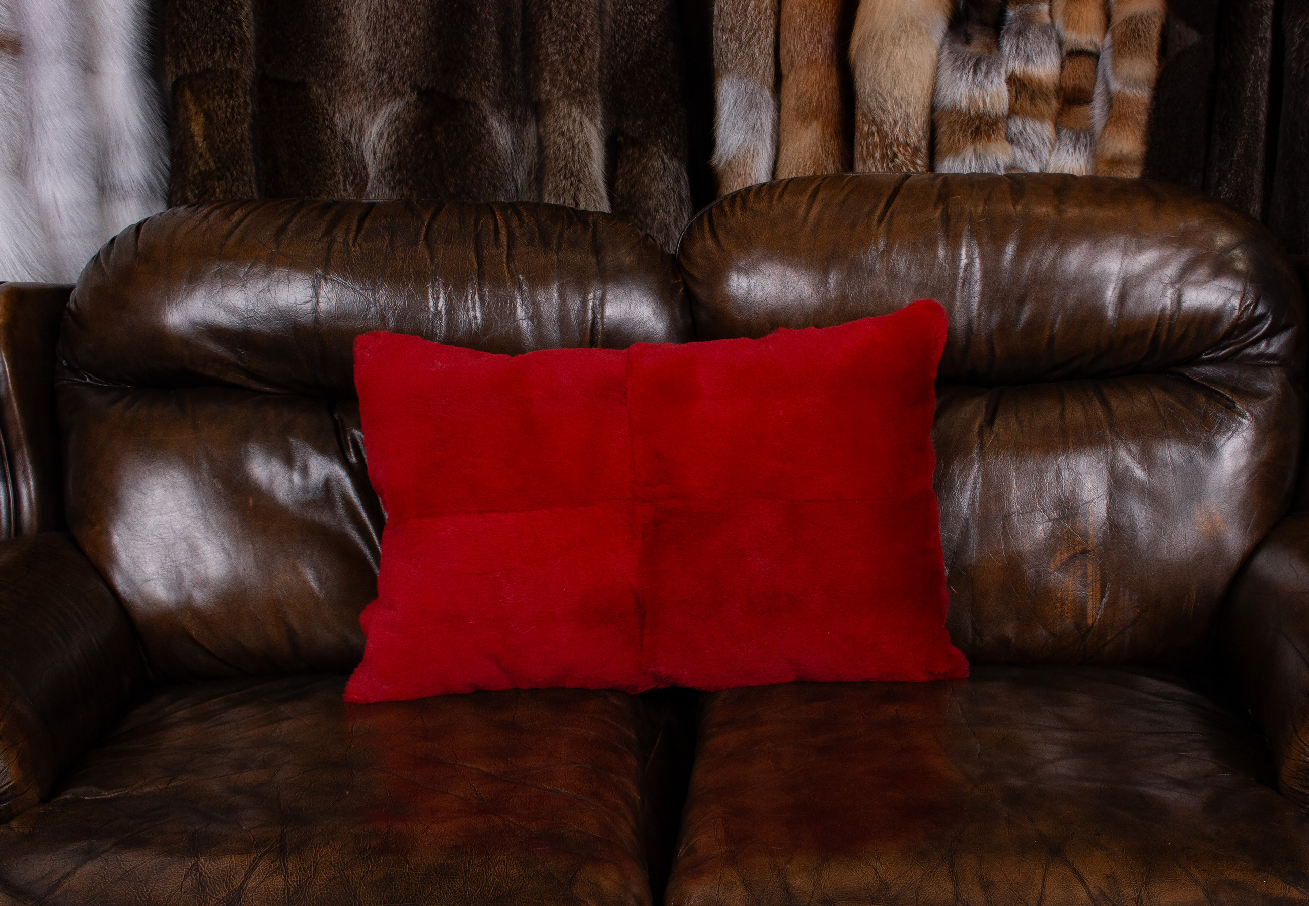 Shorn Rabbit Fur Pillow in Strawberry-Red
