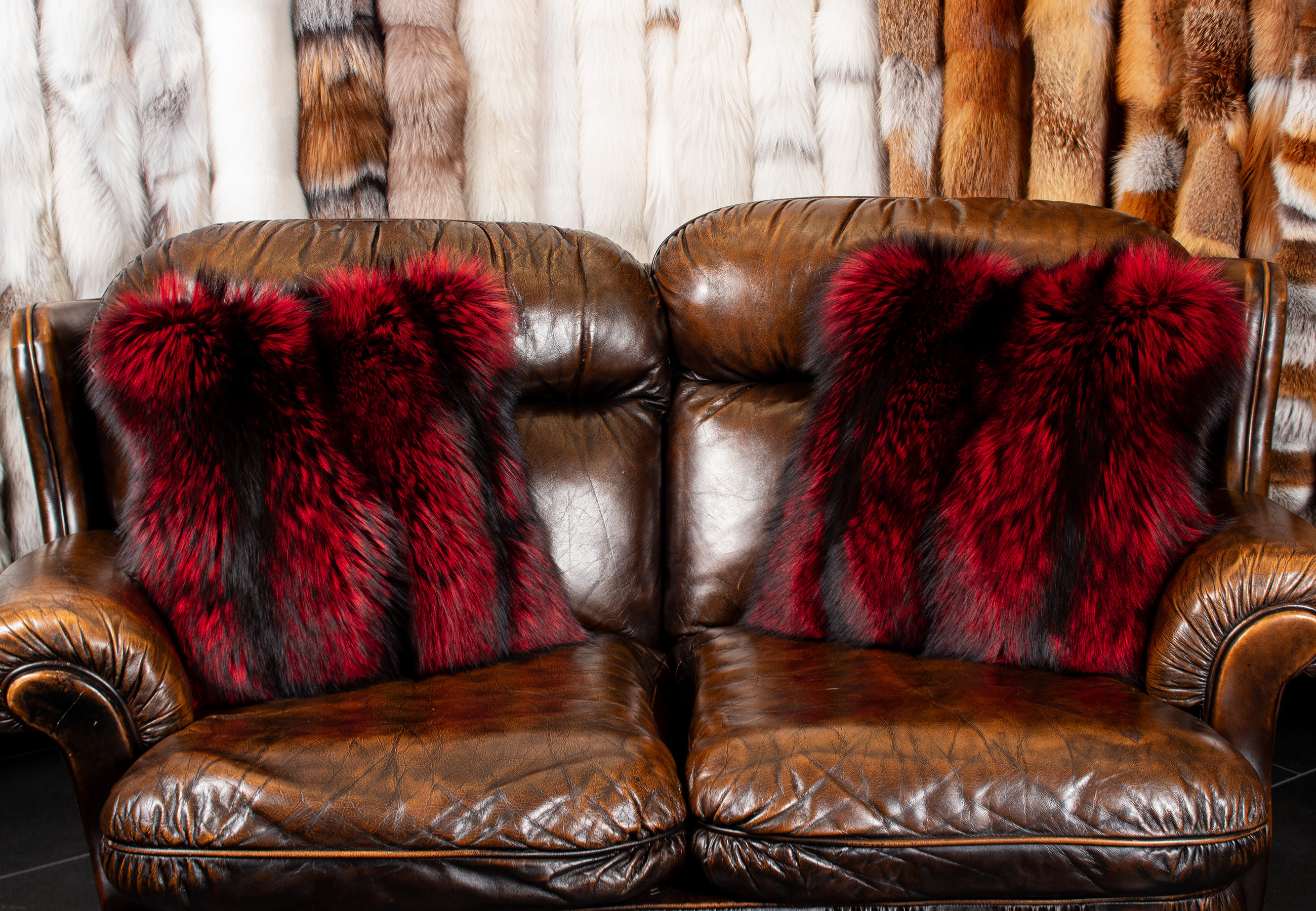 Noble Silver Fox Fur Pillow in Red