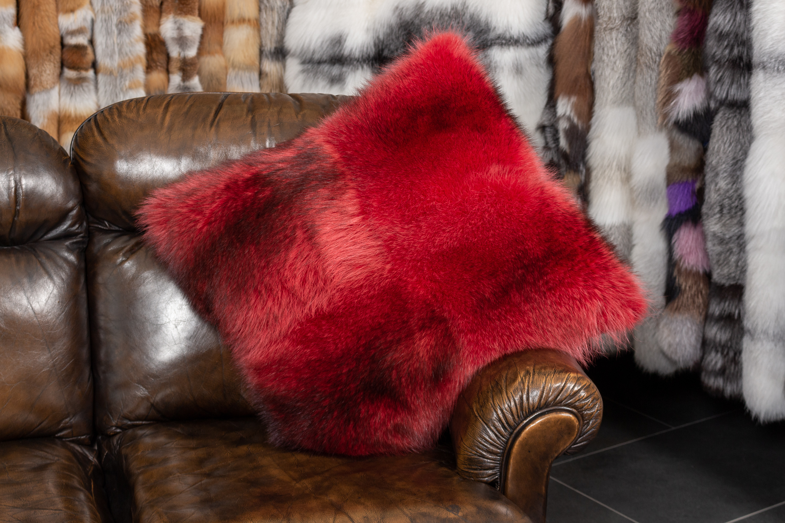 Canadian Raccoon Fur Cushion in Red