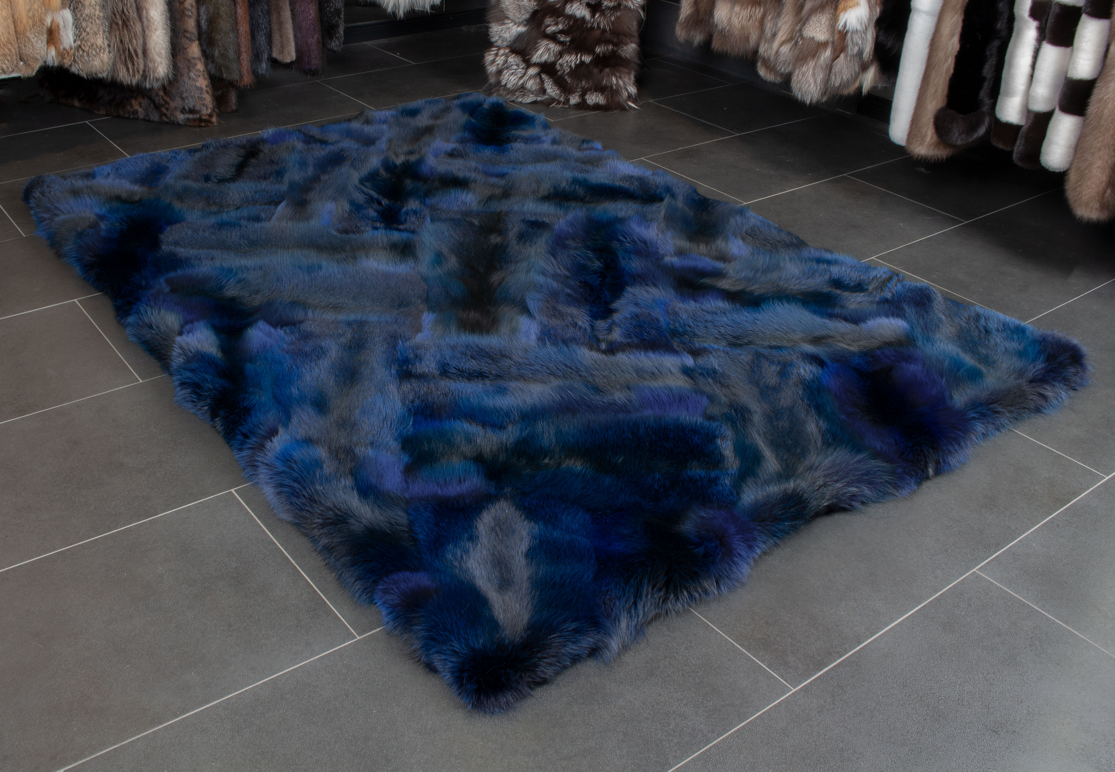 European Red Fox Fur Rug in blue