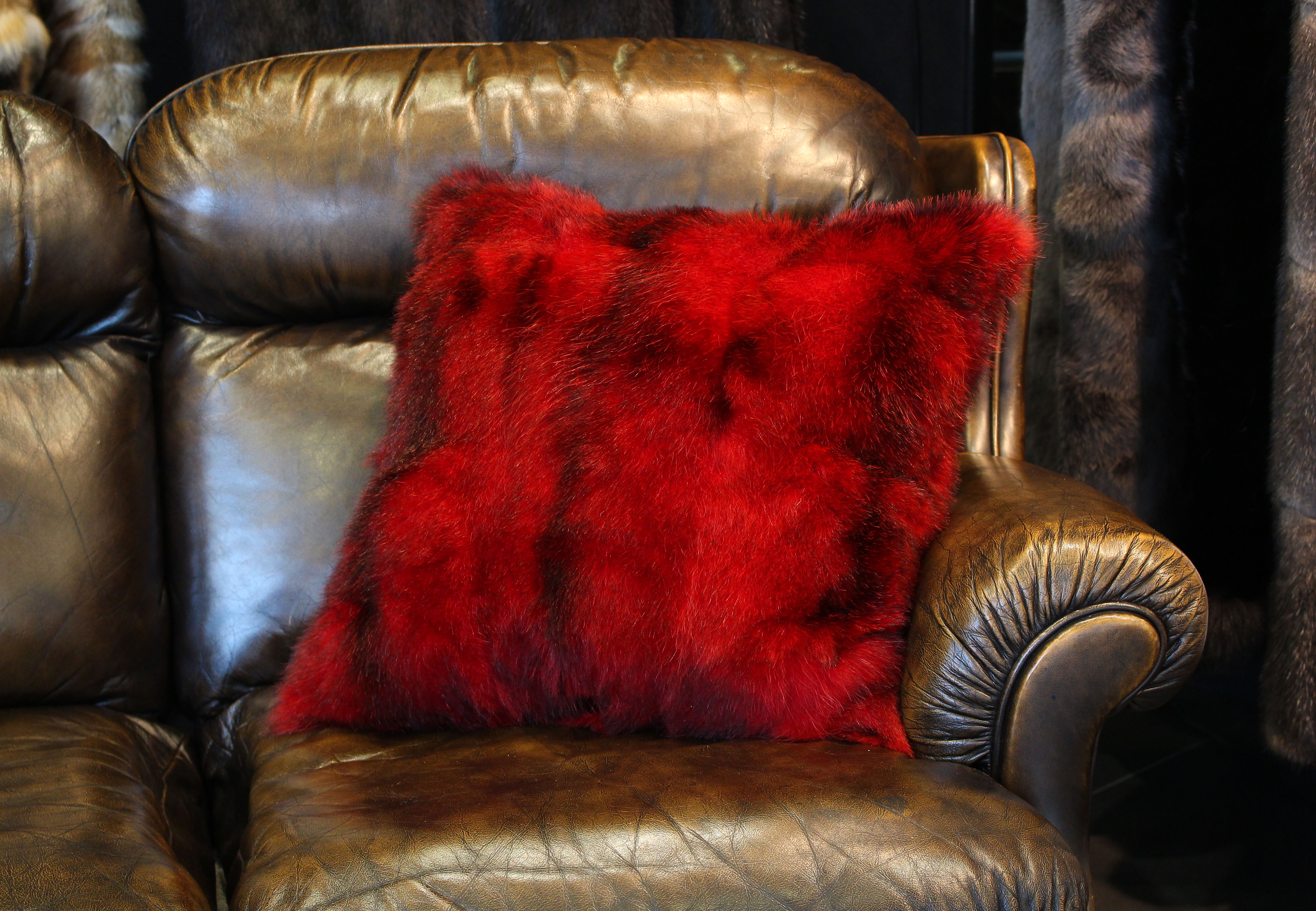 Genuine Possum Fur Pillow in Red