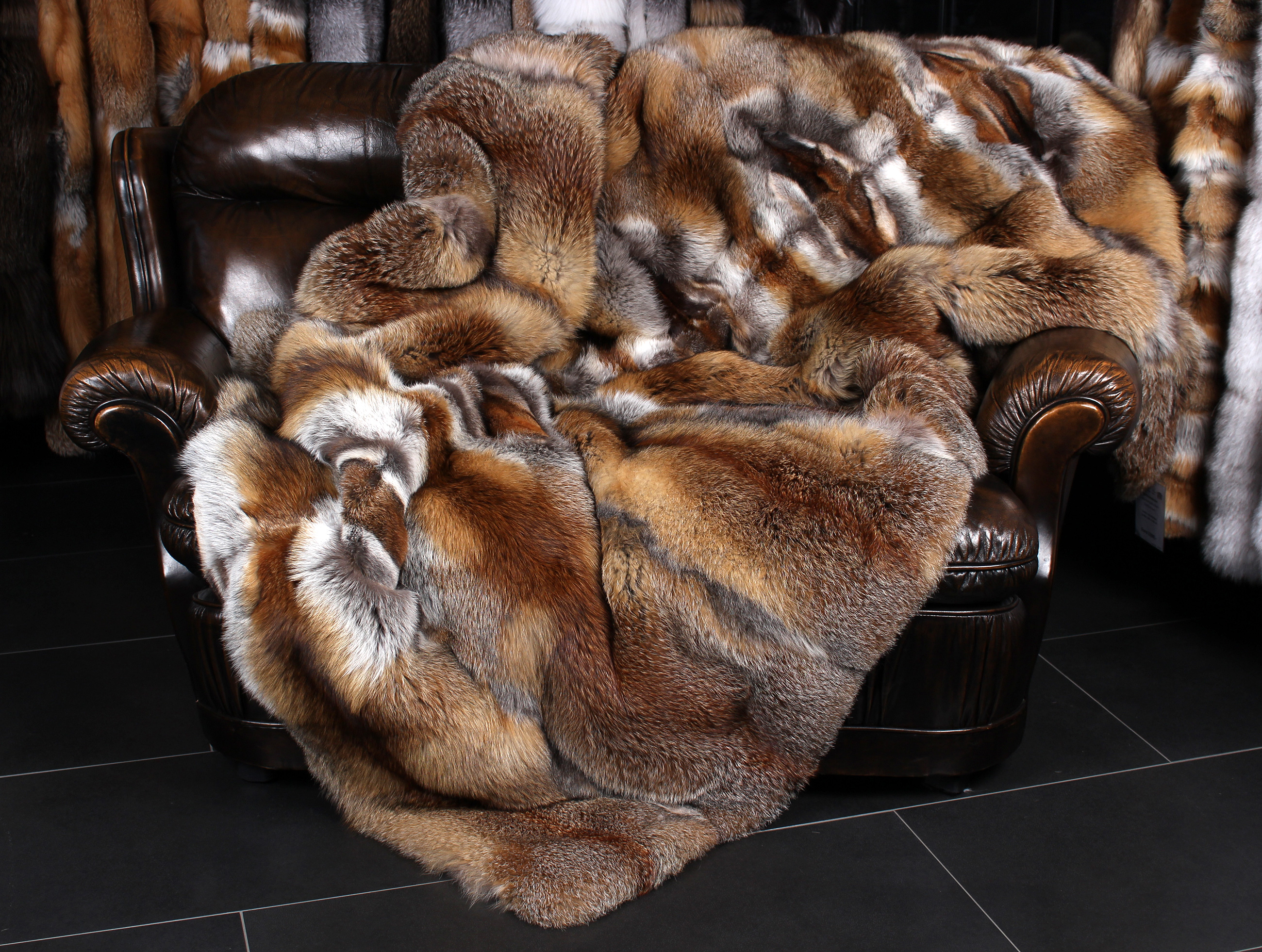 German Red Fox Fur Blanket in natural dark