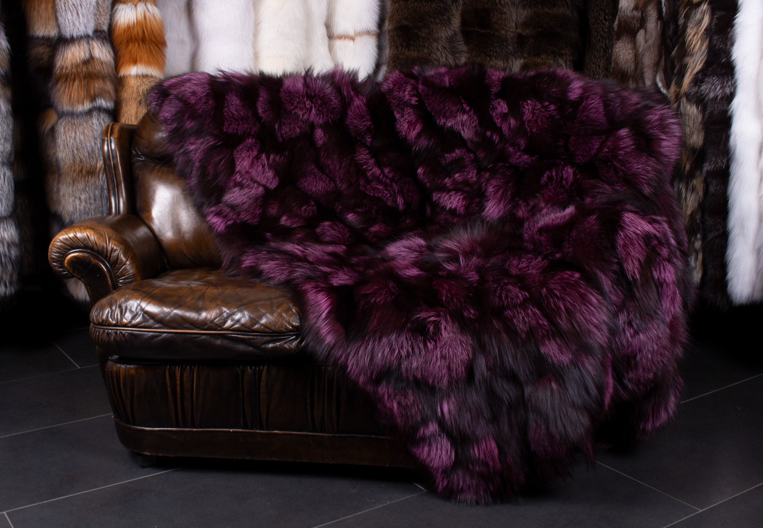 Silver Fox Fur Blanket in Black-Purple
