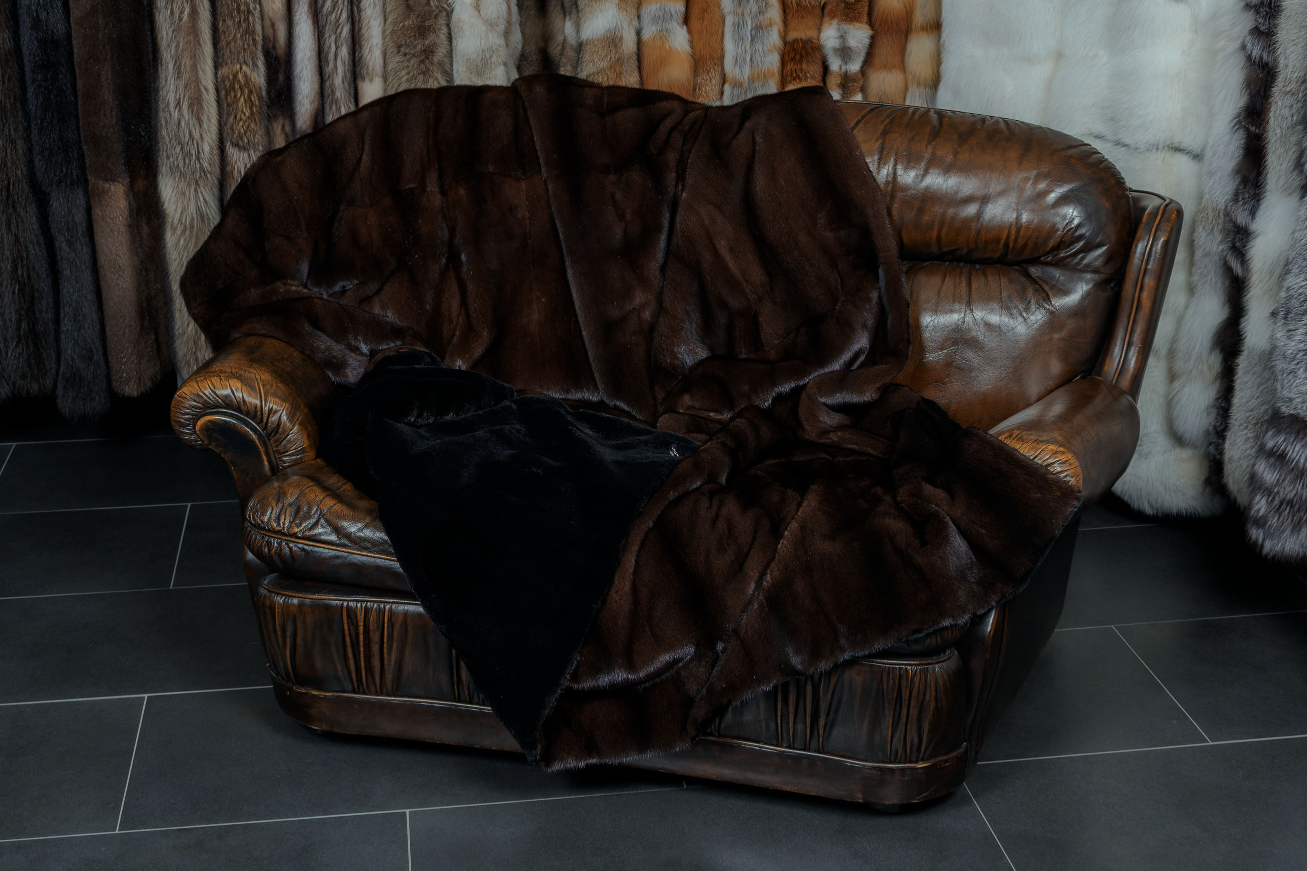 Mahogany Mink Fur Blanket with Black Weasel Lining